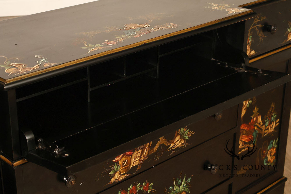 Chinoiserie Style Black Lacquer Hand Painted Sideboard With Hidden Secretary Desk