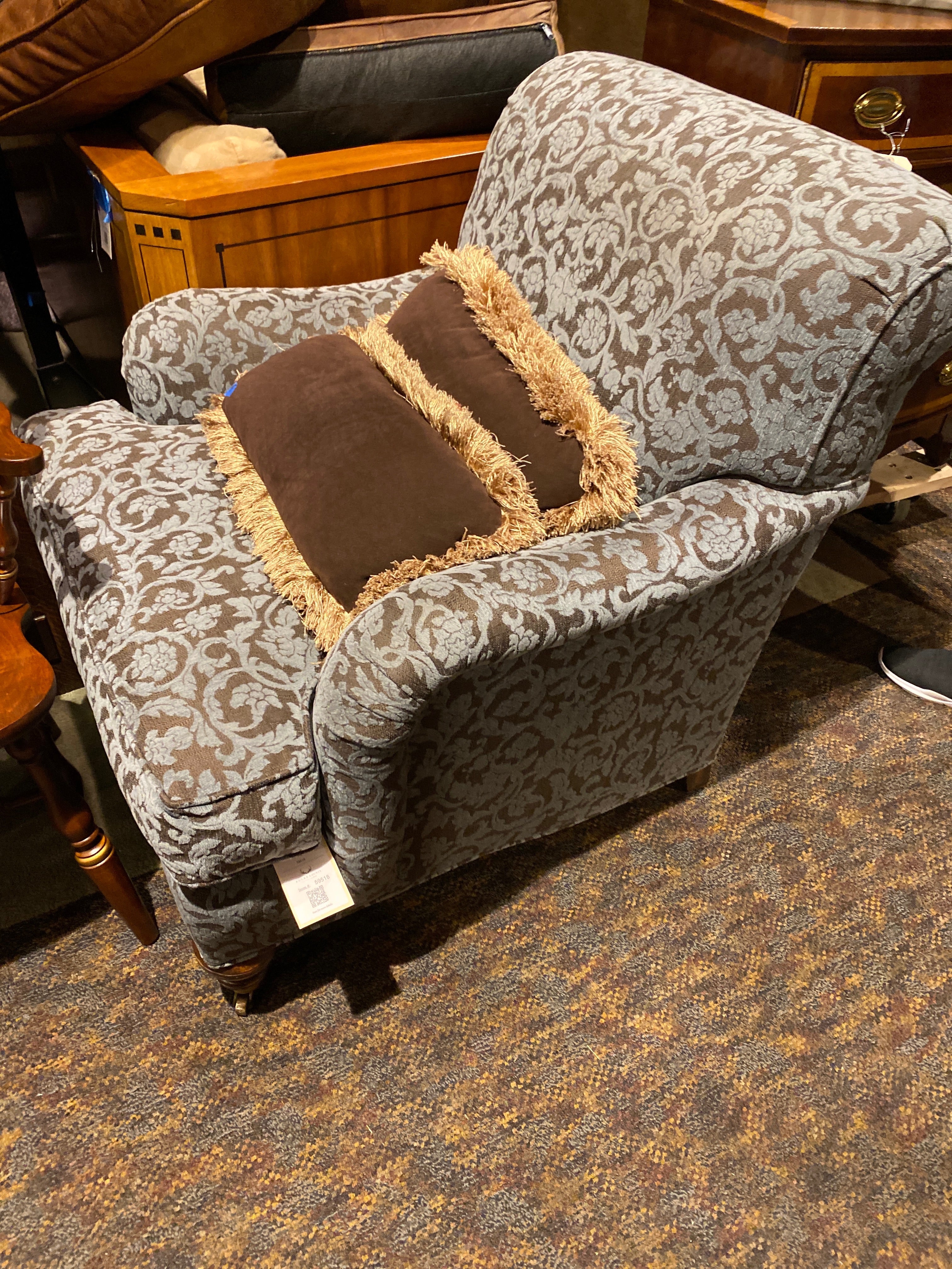 Pair of Robert Allen English Style Club Chair And Ottoman, Upholstered In A Custom Fabric Of Blue Swirls On Dark Gray