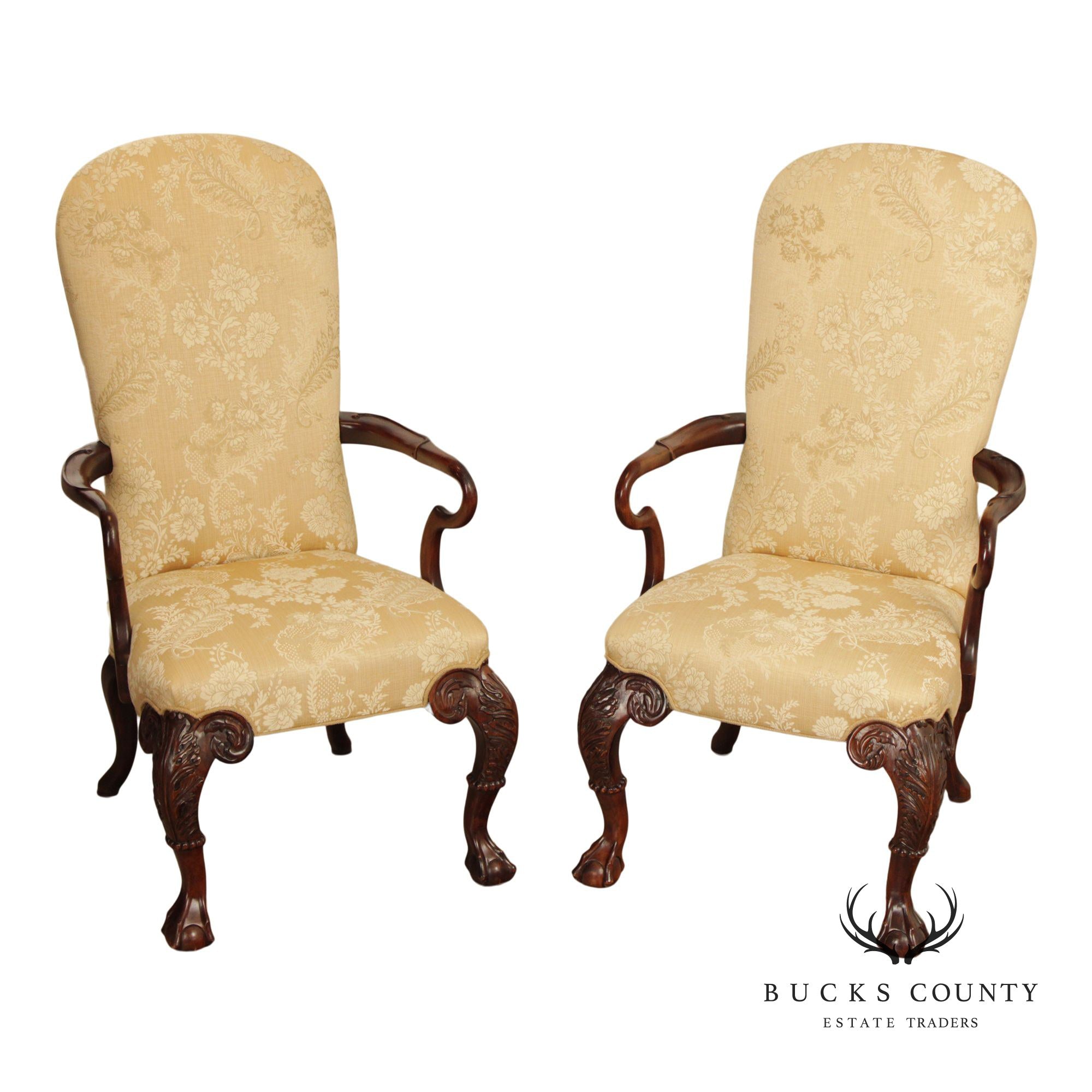 Century Furniture Pair Of Chippendale Style Carved Mahogany Upholstered Armchairs