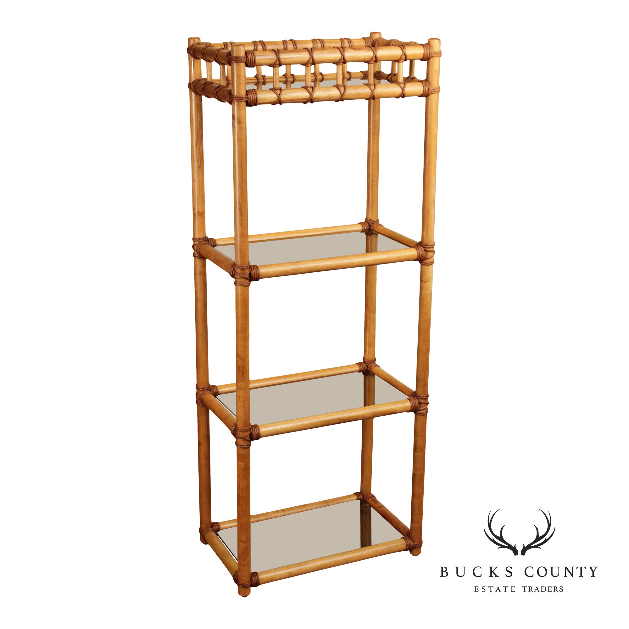 Vintage Coastal Style Bamboo And Glass Shelf Etagere