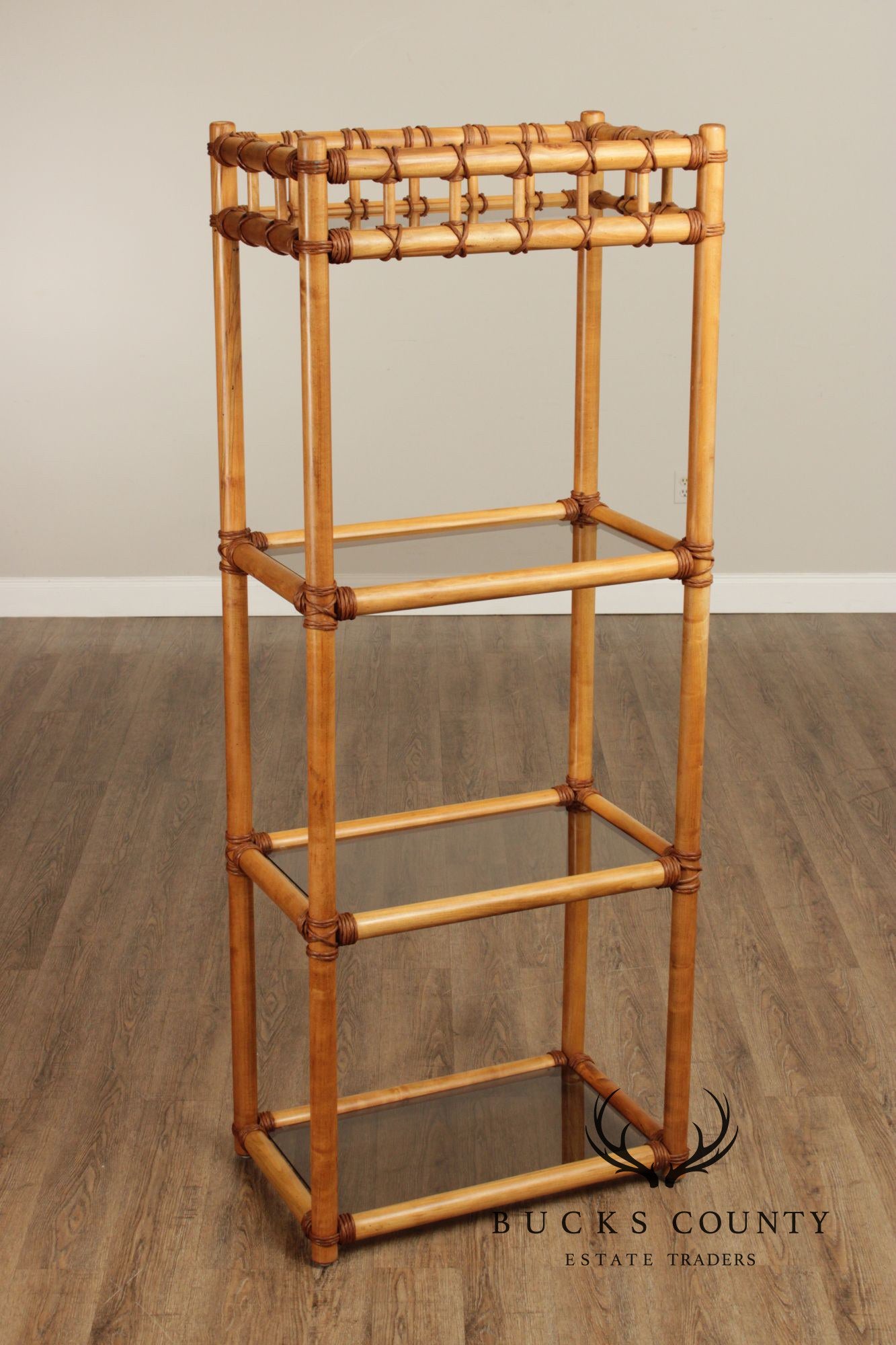 Vintage Coastal Style Bamboo And Glass Shelf Etagere