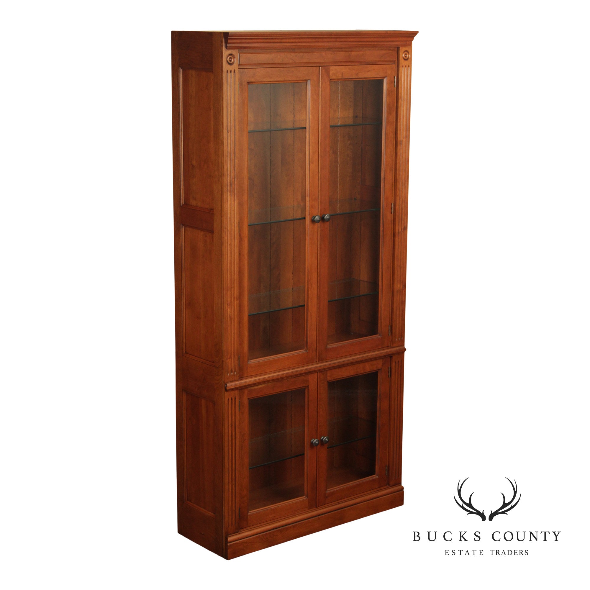 Stickley Tall Cherry Traditional Lighted Glass Door Display Cabinet