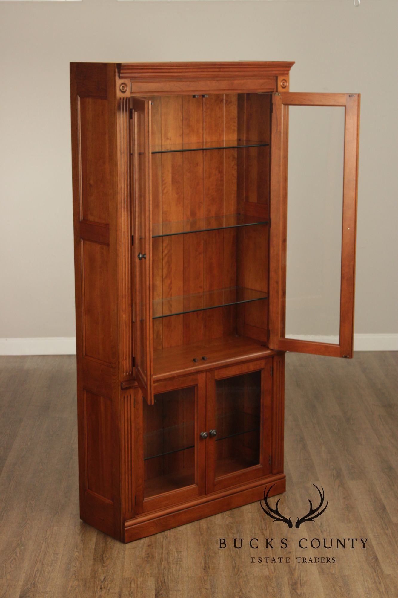 Stickley Tall Cherry Traditional Lighted Glass Door Display Cabinet