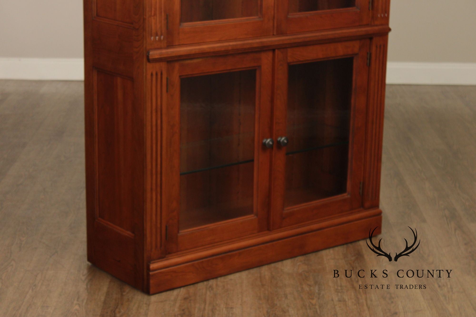 Stickley Tall Cherry Traditional Lighted Glass Door Display Cabinet