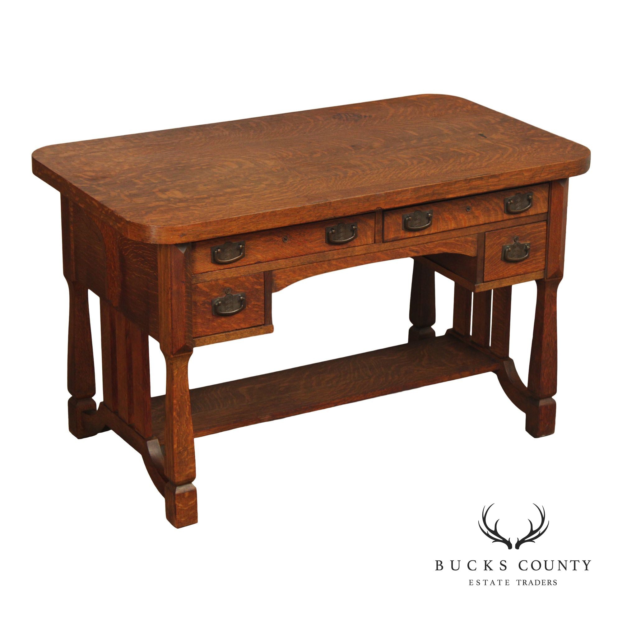 Antique Mission Arts & Crafts Quarter Sawn Oak 5 Drawer Library Table Desk