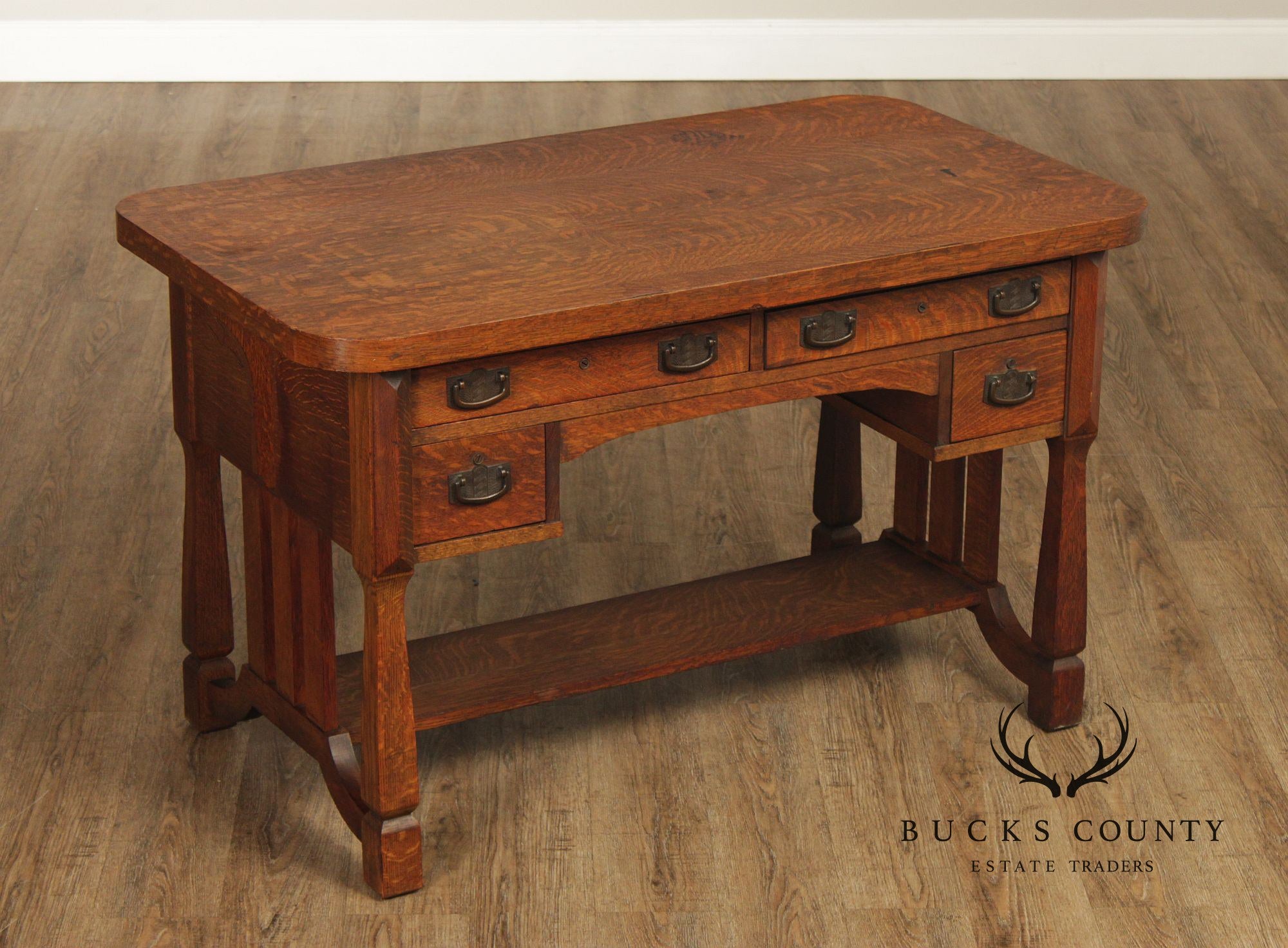 Antique Mission Arts & Crafts Quarter Sawn Oak 5 Drawer Library Table Desk