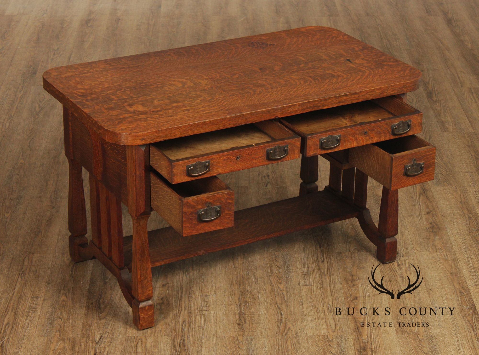 Antique Mission Arts & Crafts Quarter Sawn Oak 5 Drawer Library Table Desk