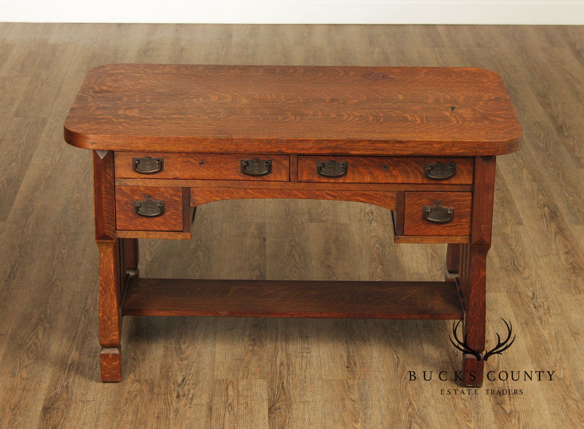 Antique Mission Arts & Crafts Quarter Sawn Oak 5 Drawer Library Table Desk