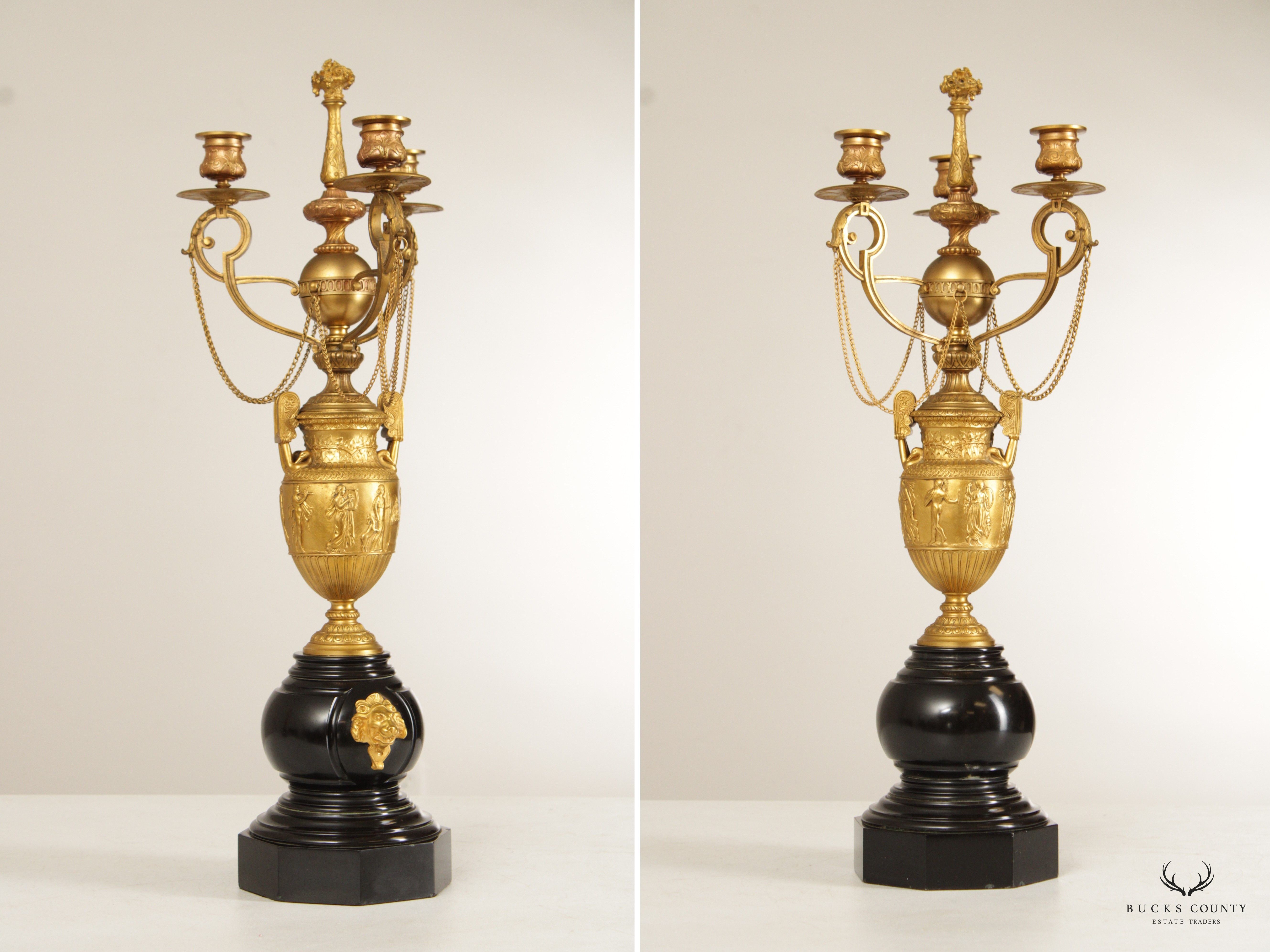 Neoclassical Style Pair of Gilt Bronze Marble Candelabra