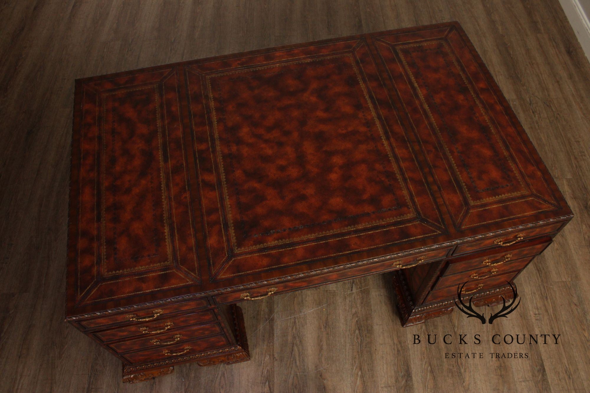 Maitland Smith Georgian Style Tooled Leather Executive Partner Desk
