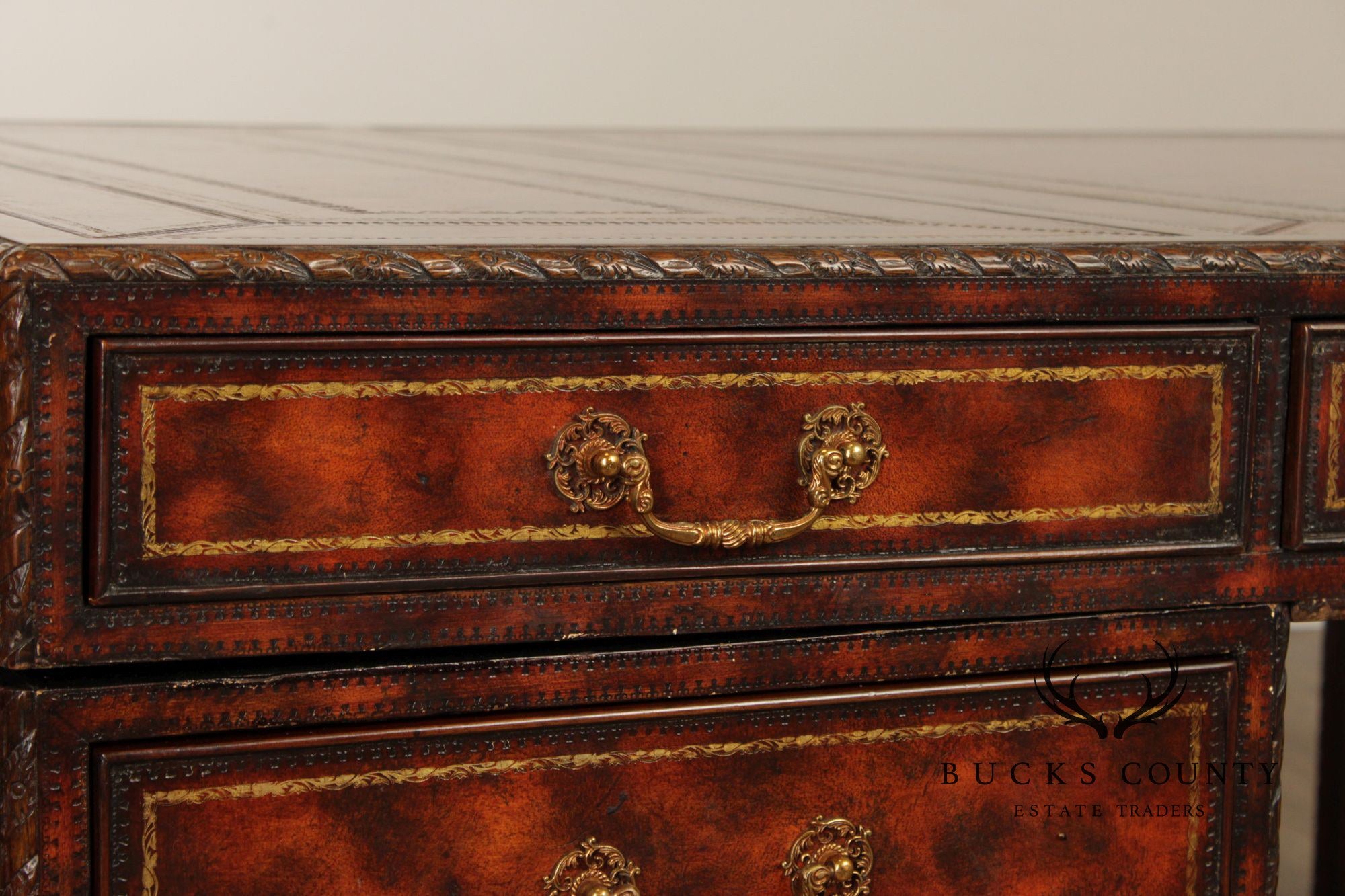 Maitland Smith Georgian Style Tooled Leather Executive Partner Desk