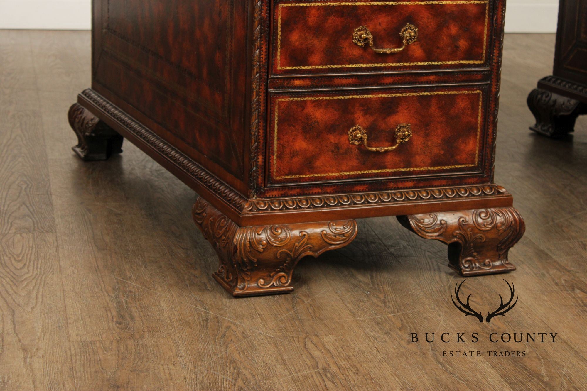 Maitland Smith Georgian Style Tooled Leather Executive Partner Desk