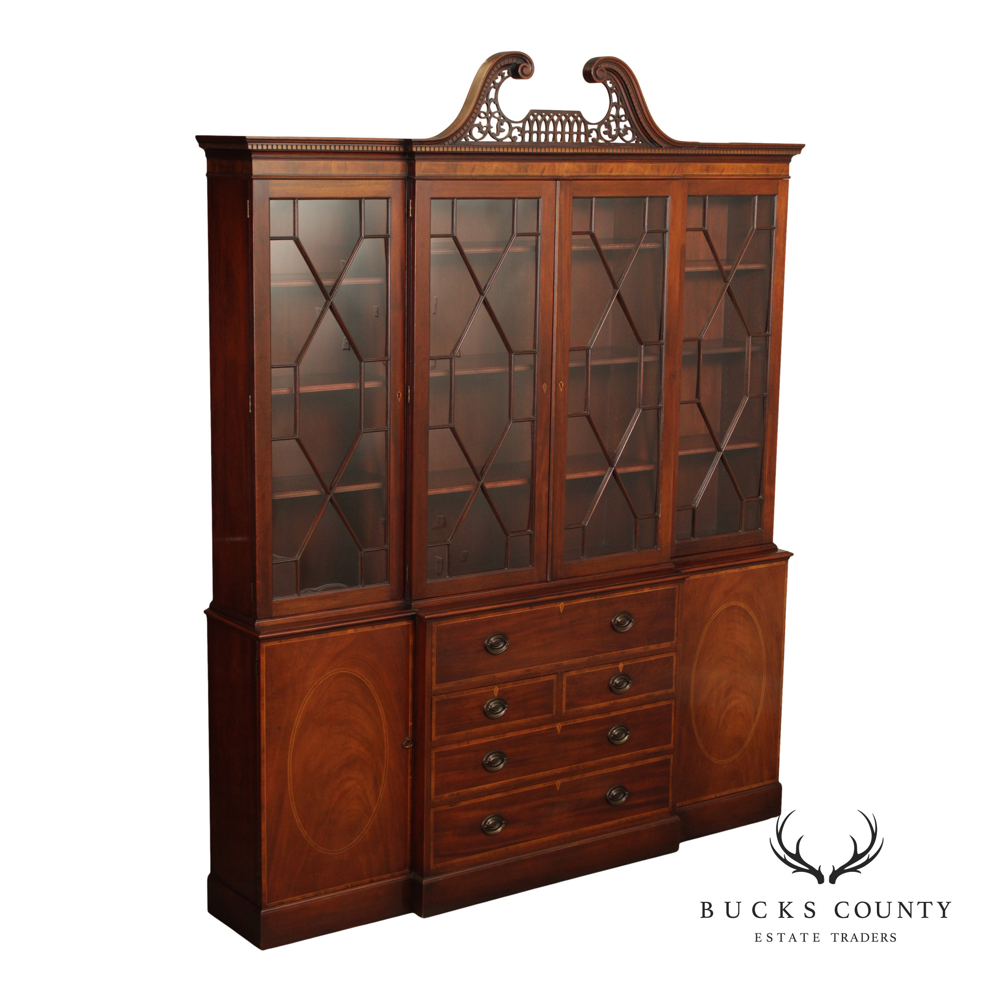 Baker Furniture Mahogany Inlaid Federal Style Breakfront Secretary Bookcase