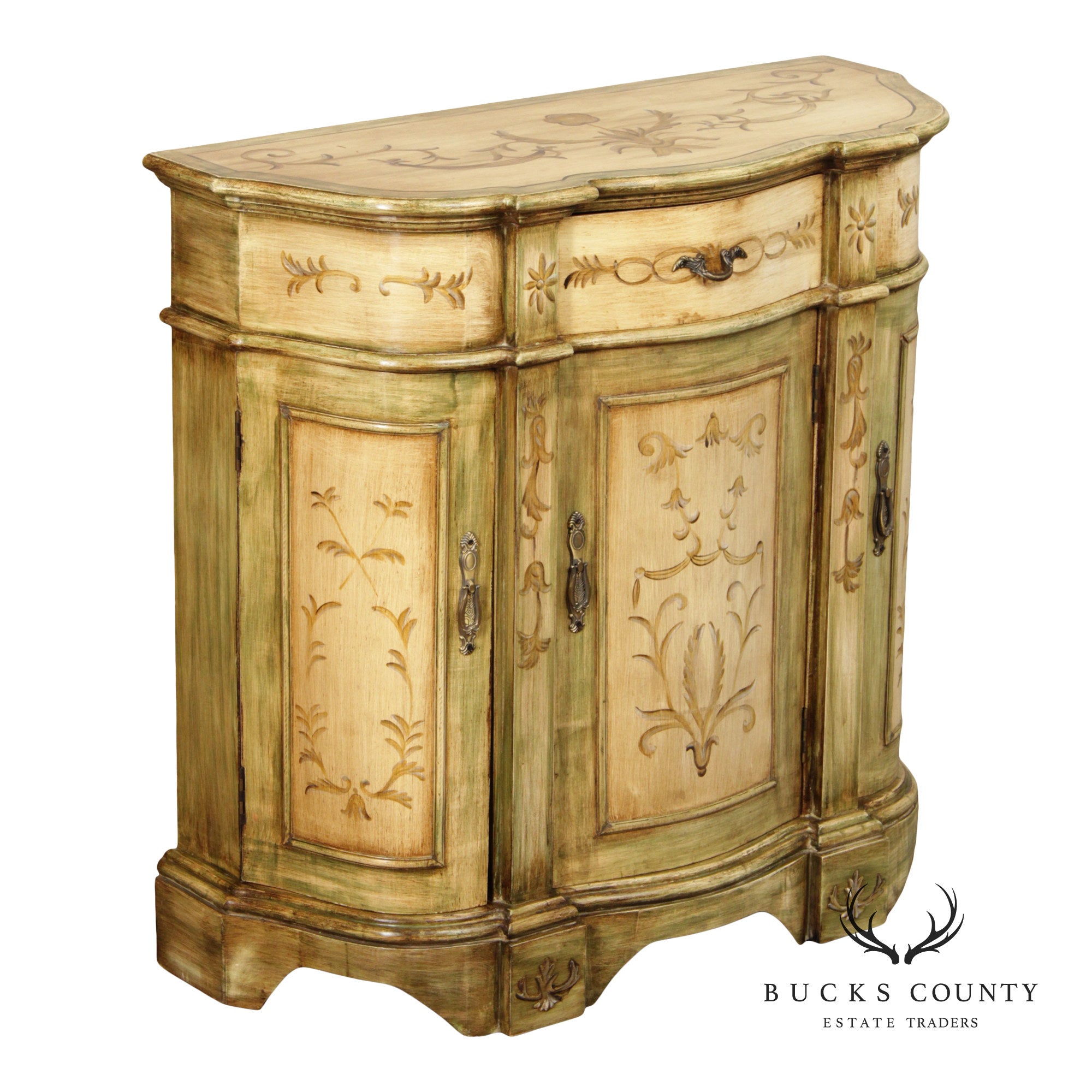 Hand Painted Continental Style Demilune Cabinet With Floral Motif