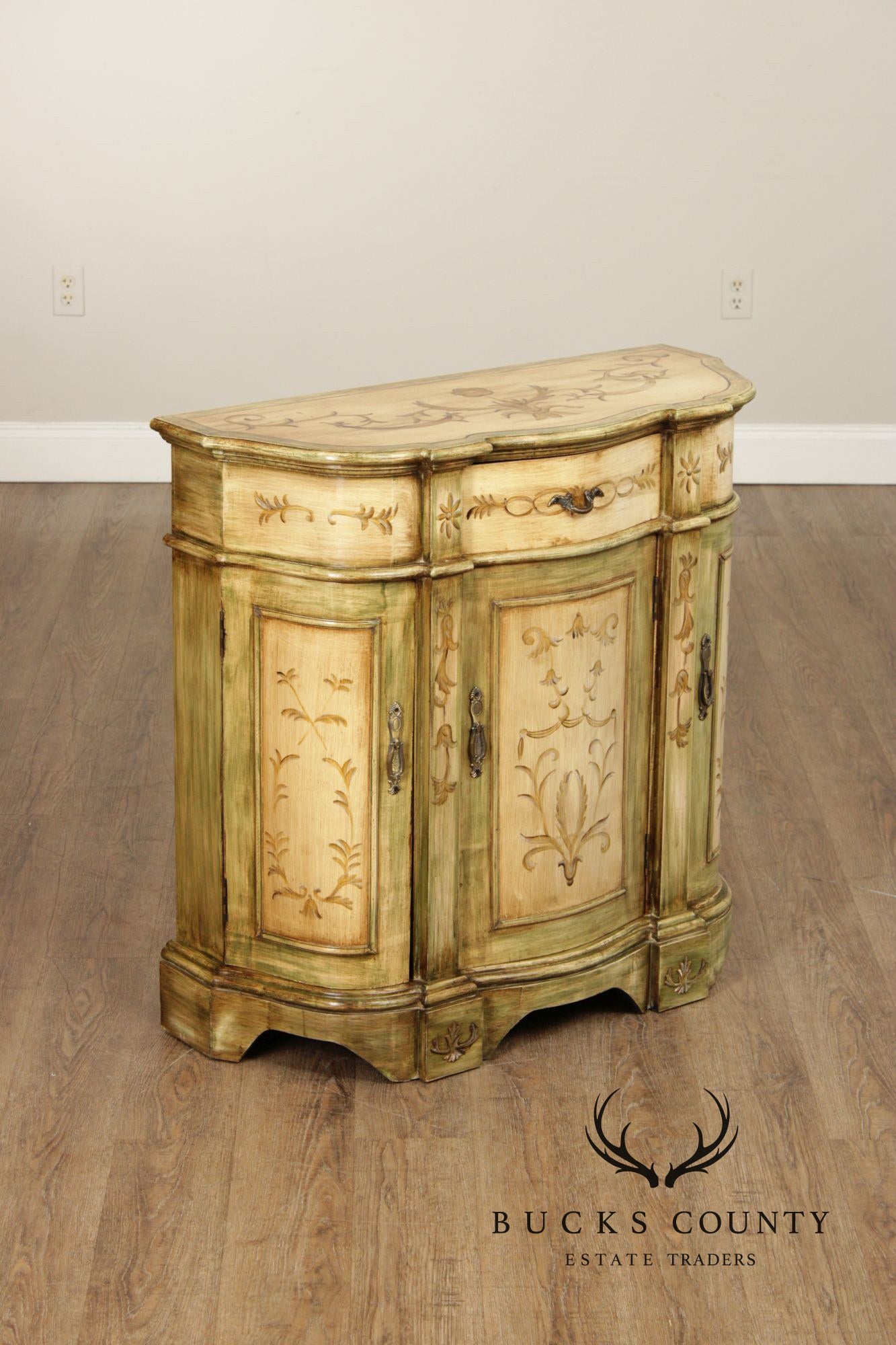 Hand Painted Continental Style Demilune Cabinet With Floral Motif