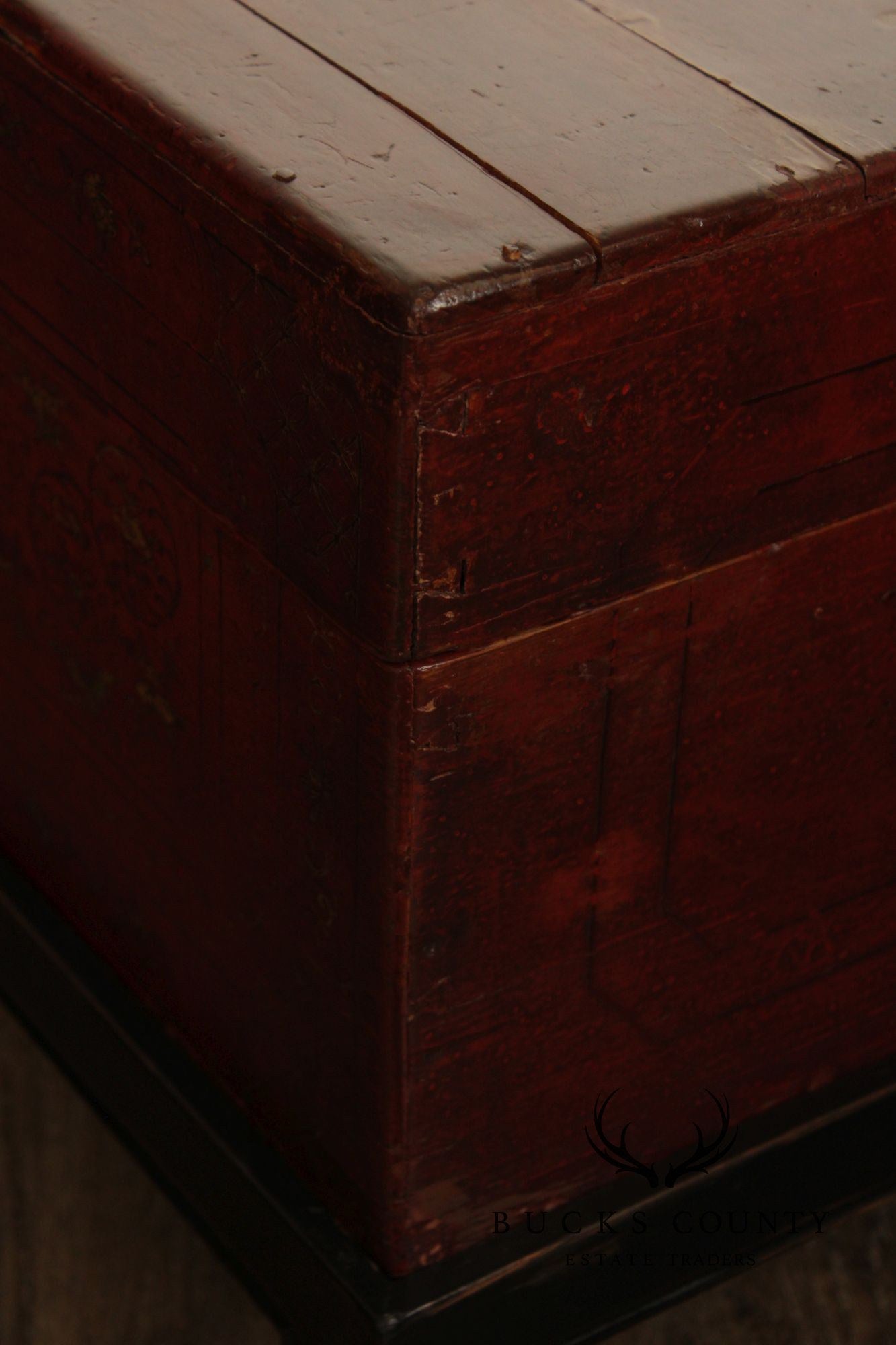 Chinese Export Style Red Lacquered Trunk With Brass Hardware On Custom Black Stand, Coffee Table