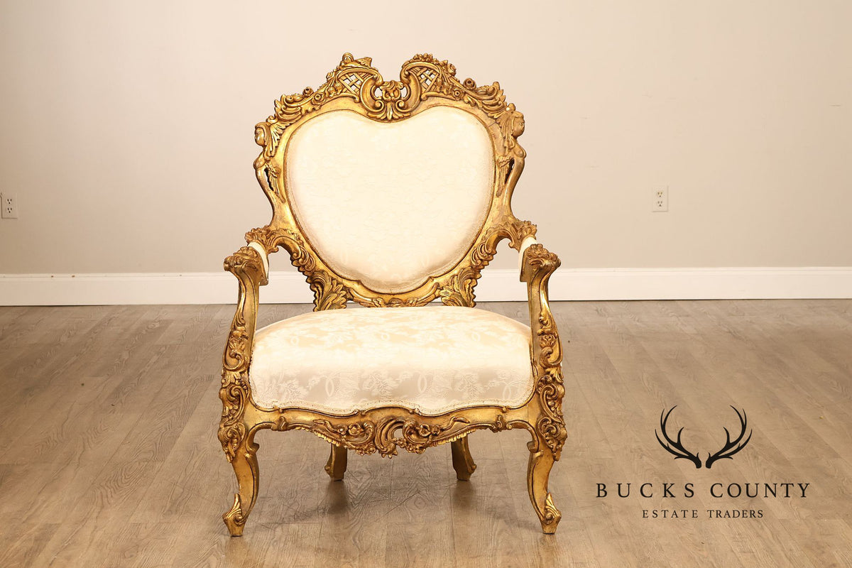 Italian Rococo Style Pair Of Carved Giltwood Upholstered Armchairs