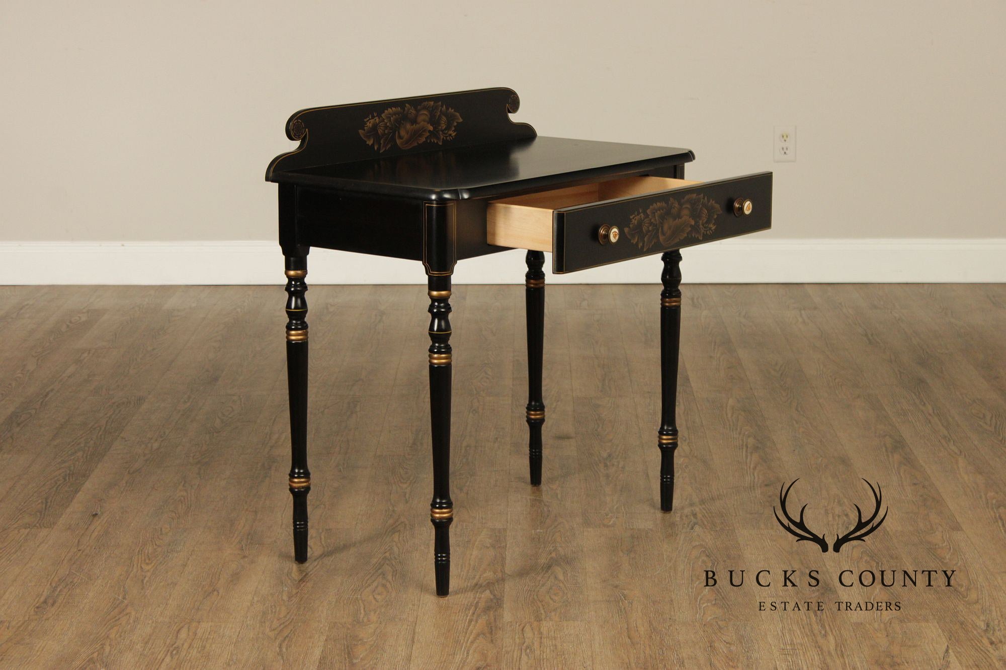L. Hitchcock Black And Gold Stenciled Vanity Desk And Stool