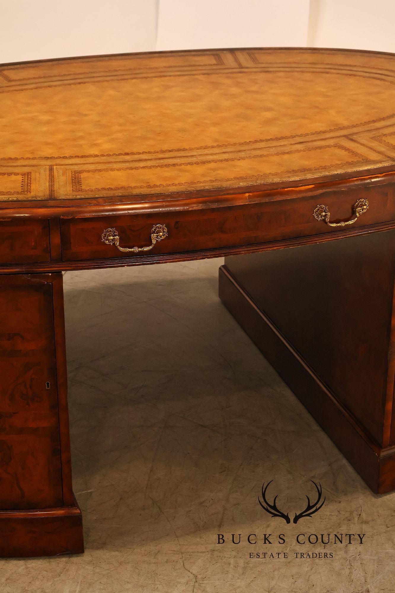 Maitland-Smith Oval Burl Wood Leather Top Partner Desk with Brass Hardware