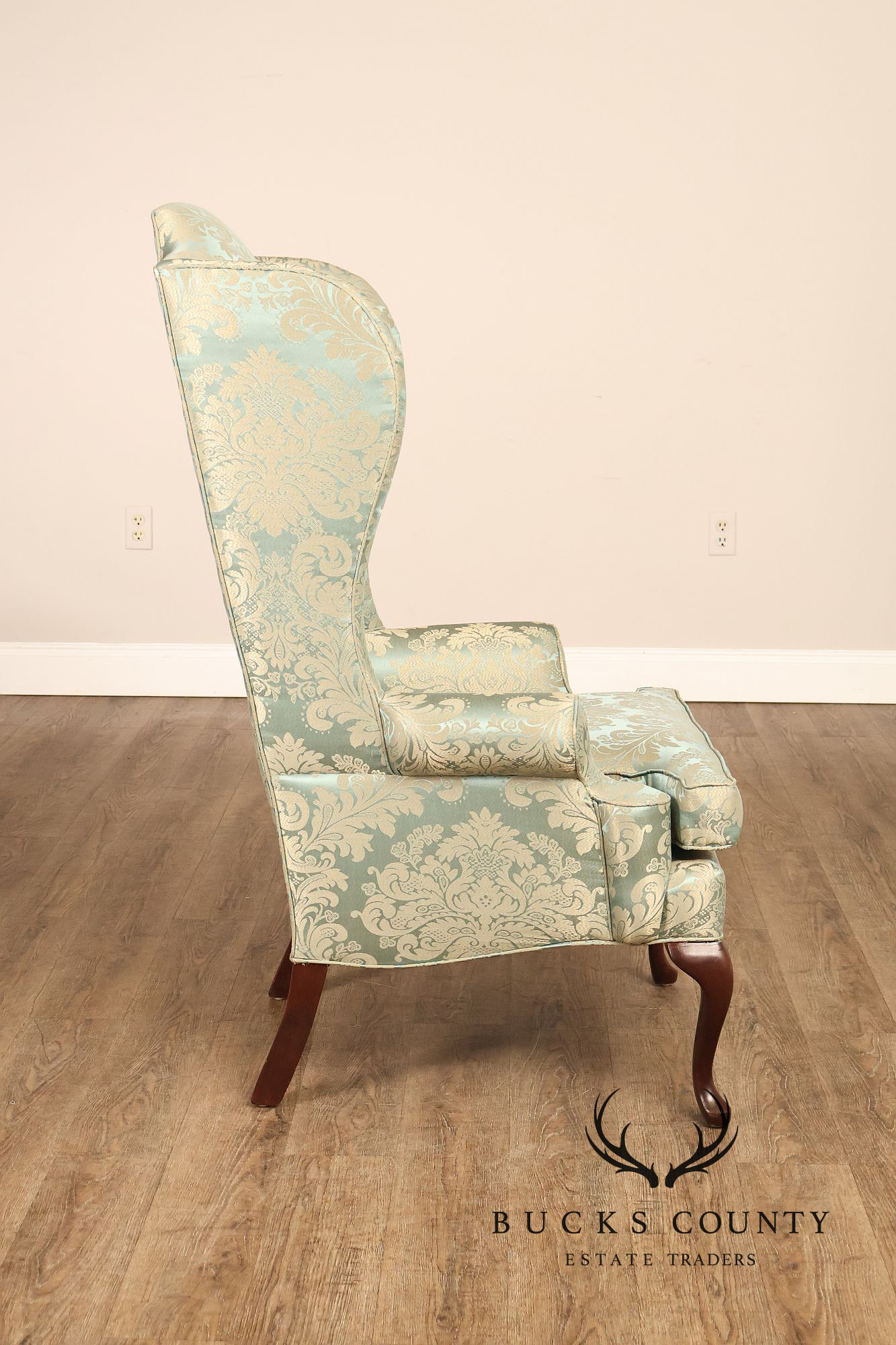 Quality Vintage Pair Of High Back Damask Upholstered Wing Chairs