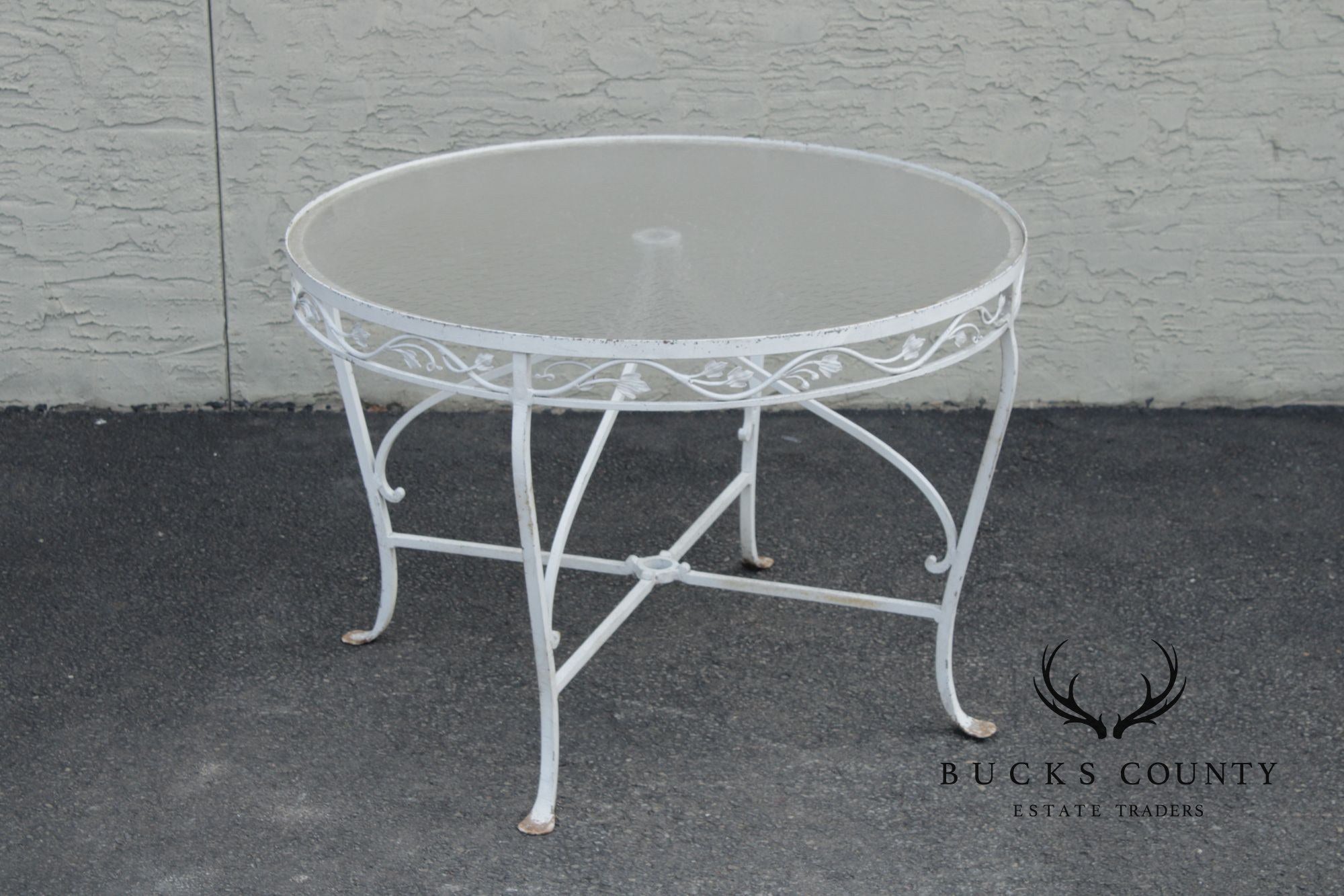 Vintage Round Glass Top Wrought Iron Outdoor Patio Dining Table