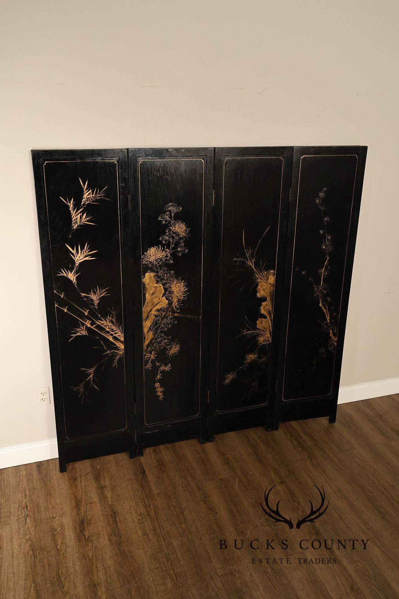 Asian Black Lacquer Vintage Pair Of Four Panel Folding Screens With Mother Of Pearl Inlay