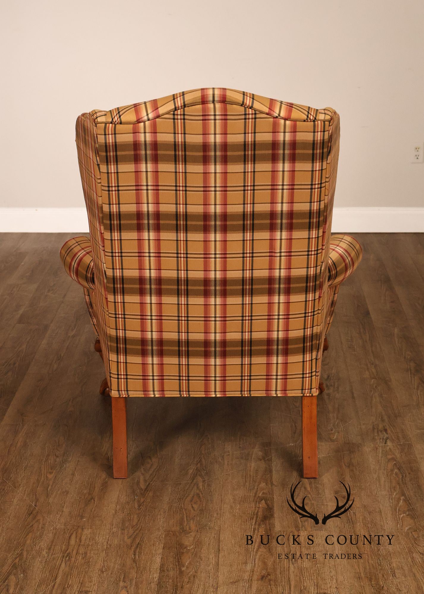 Ethan Allen Chippendale Style Plaid Upholstered Wing Chair