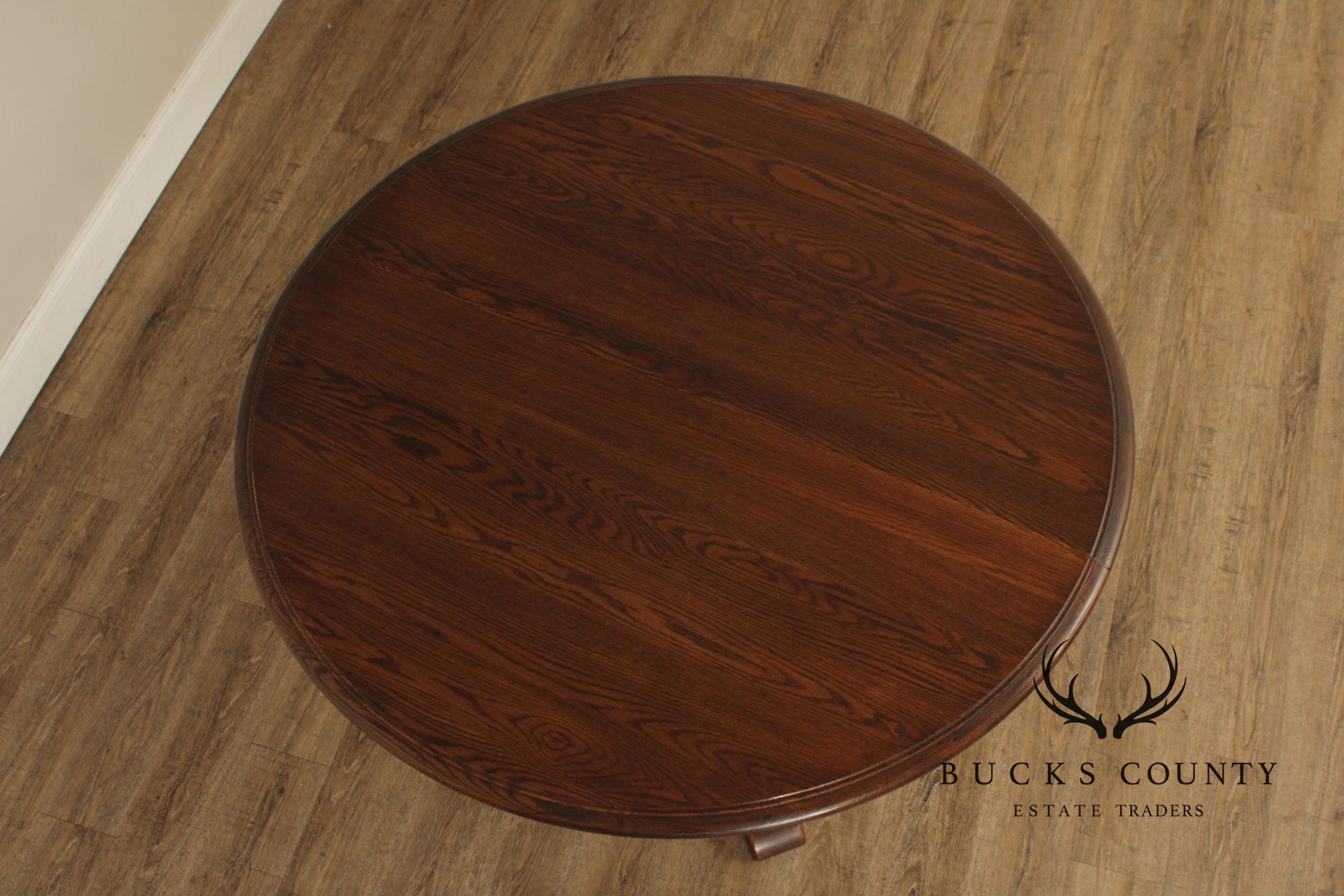 Conant Ball Round Oak Single Pedestal Dining Table With Two Leaves