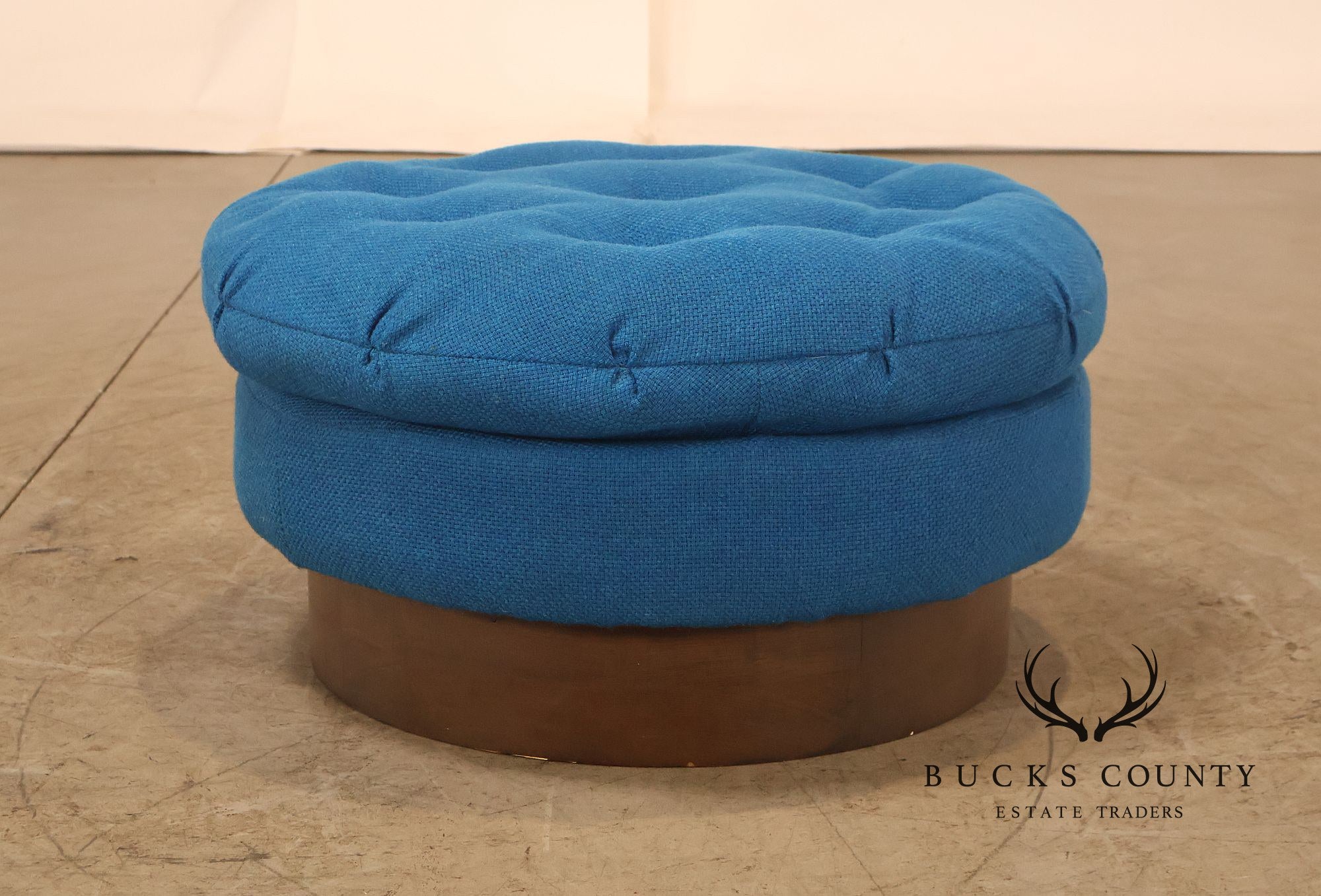 Vintage Schnadig Mid Century Modern Round Blue Upholstered Ottoman