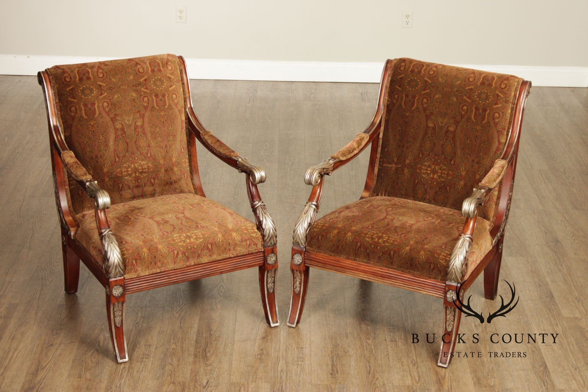 Regency Style Pair of Silver Painted Armchairs