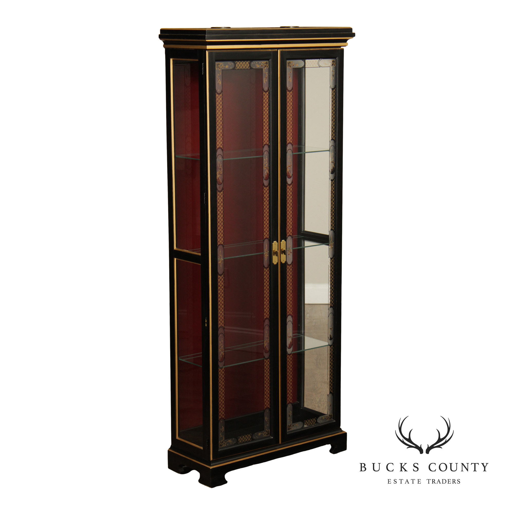American Of Martinsville Chinoiserie Black Lacquer Lighted Curio Display Cabinet With Glass Shelves