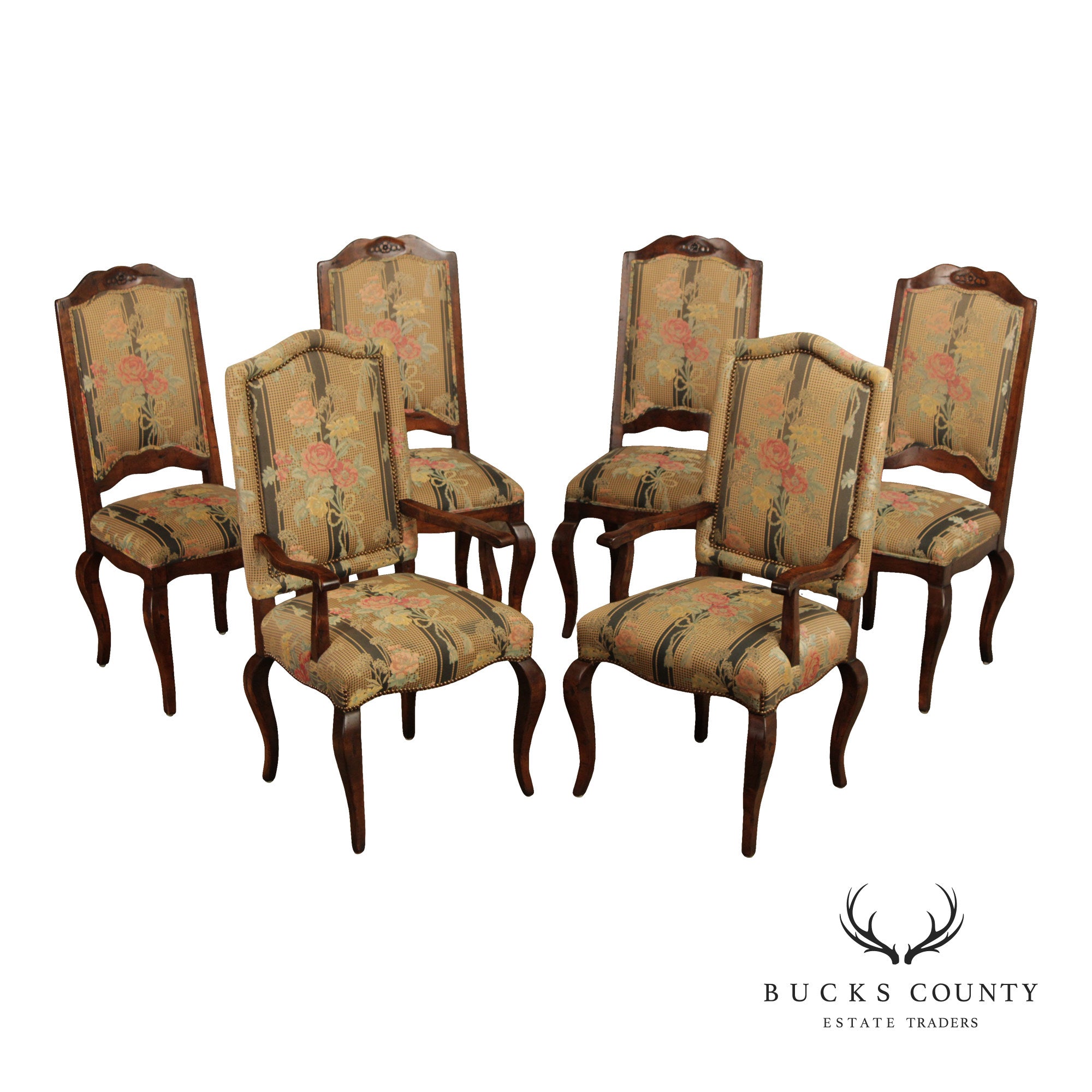 Guy Chaddock Set Of Six  French Country Style Carved Frame Upholstered Dining Chairs