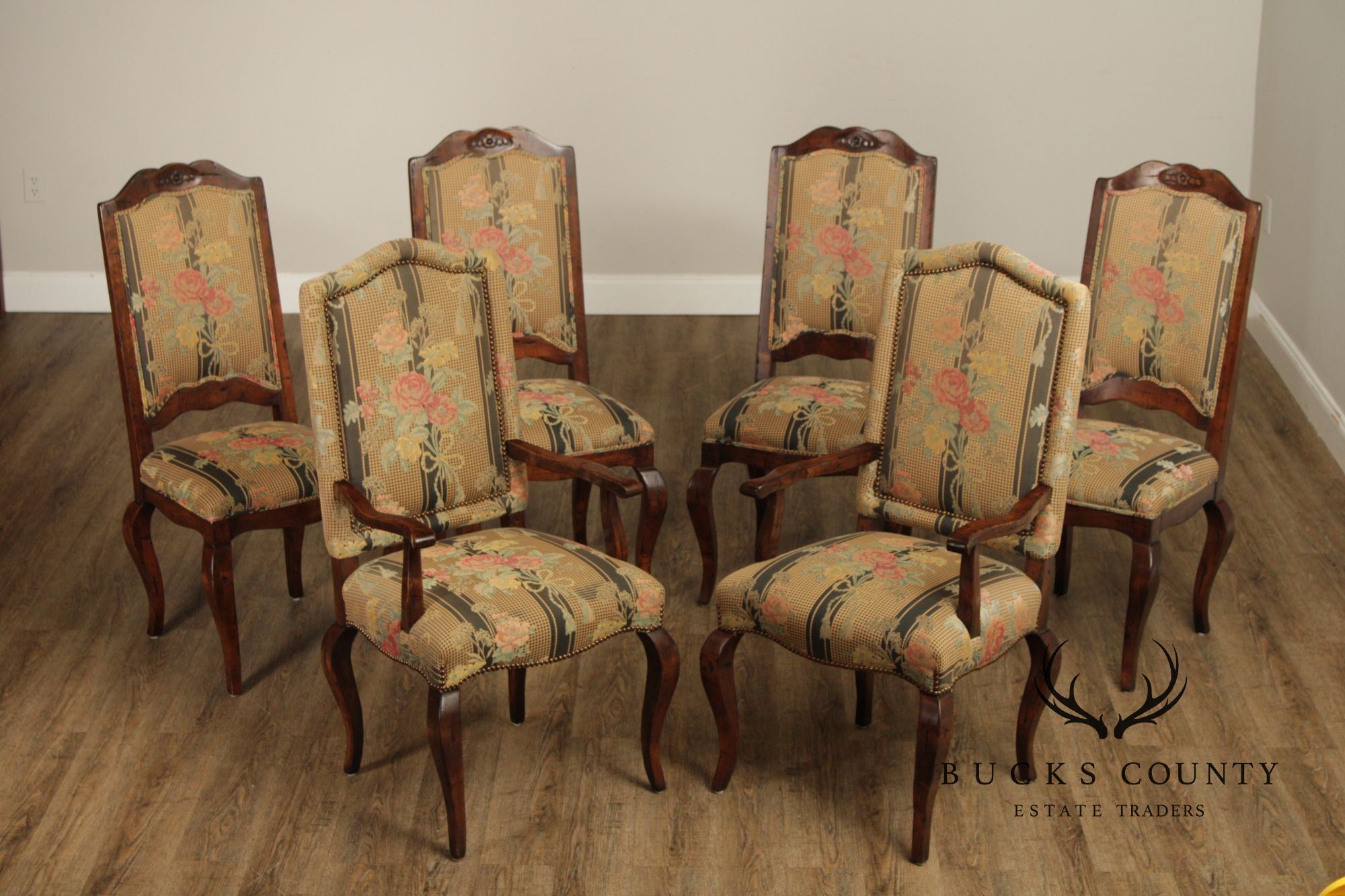 Guy Chaddock Set Of Six  French Country Style Carved Frame Upholstered Dining Chairs