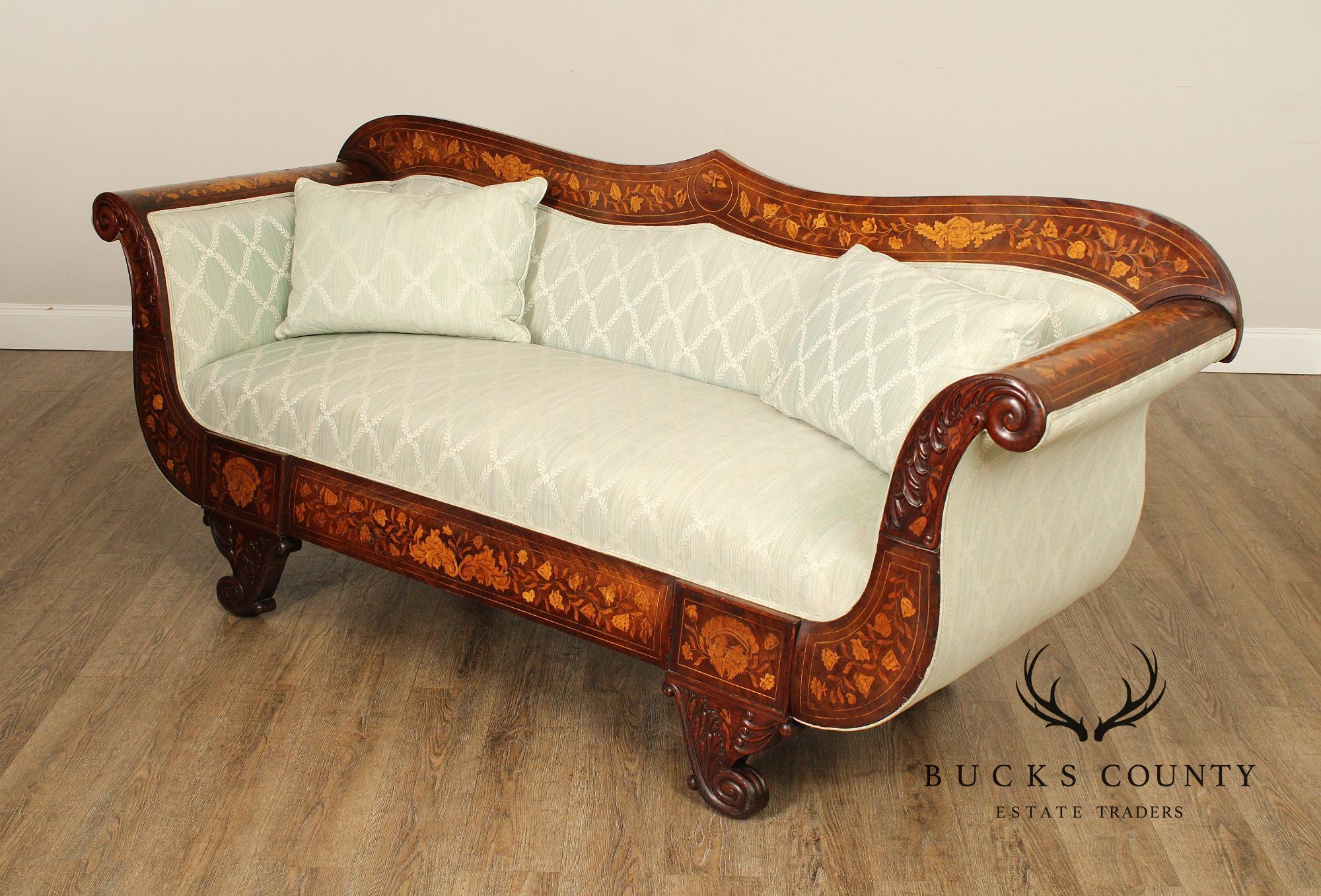 Antique Dutch Marquetry Inlaid Empire Mahogany Sofa