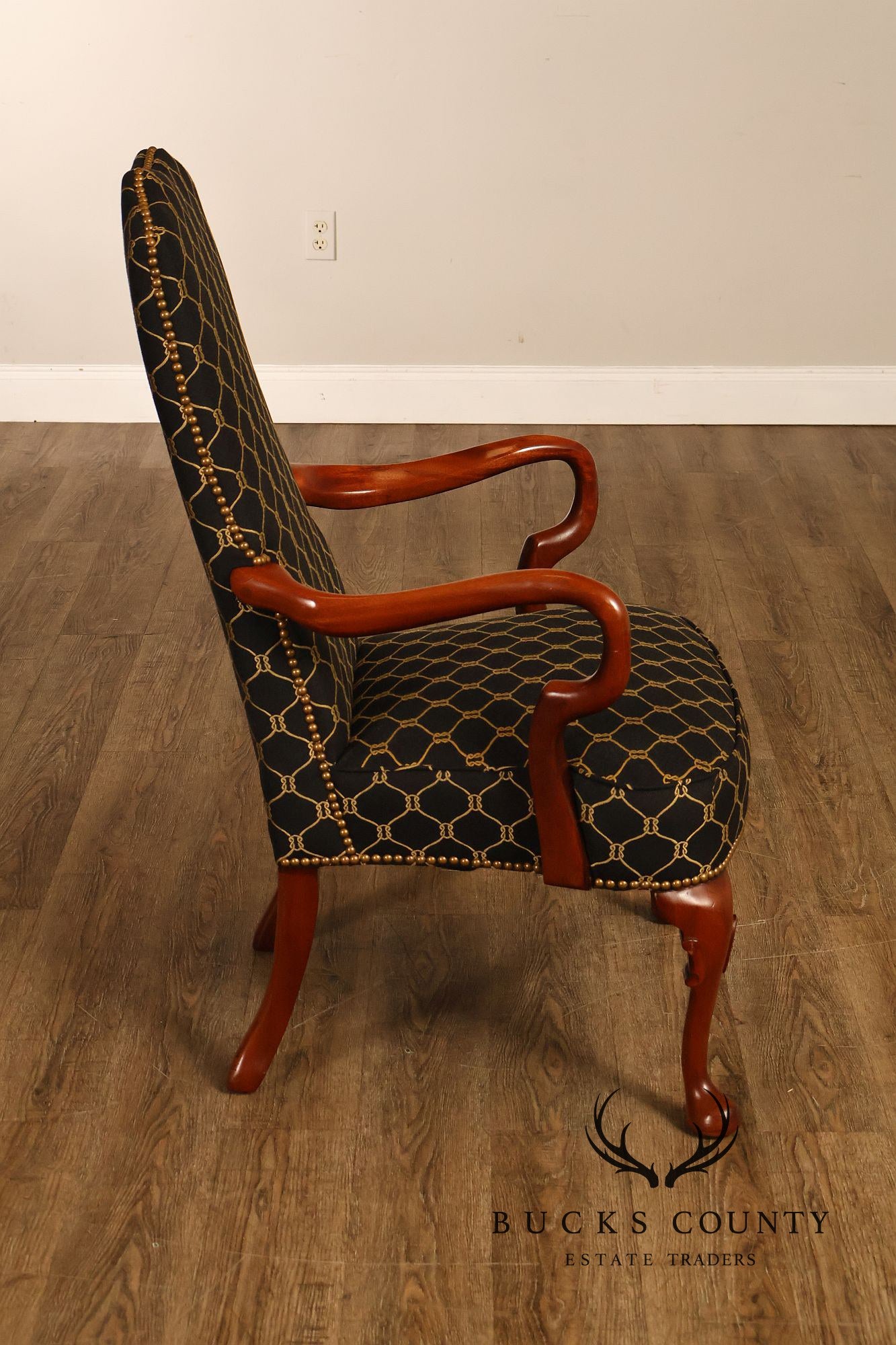 Queen Anne Style Pair Of Tall Back Upholstered Armchairs