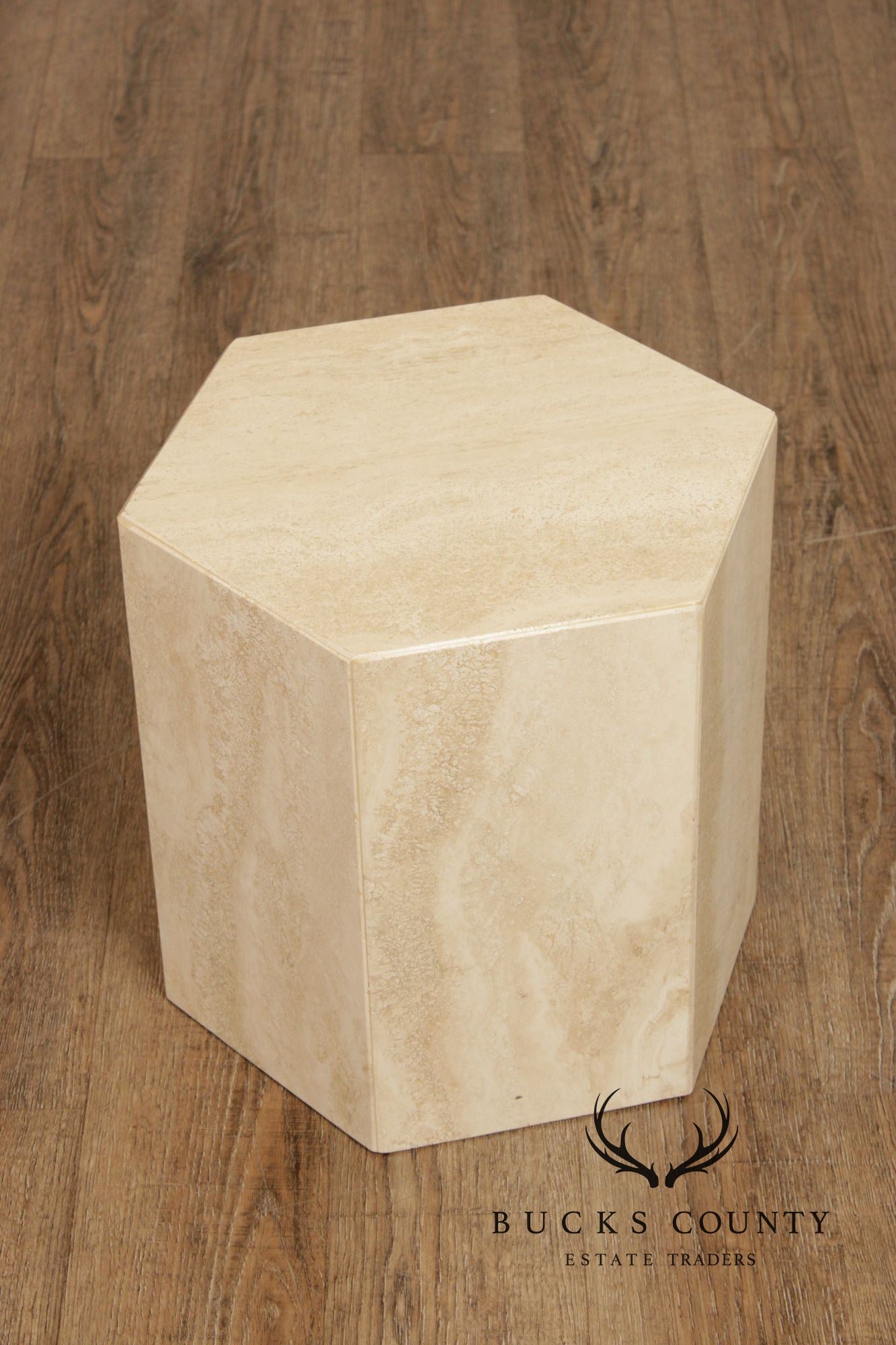 Postmodern Hexagonal Travertine Side Table Or Pedestal