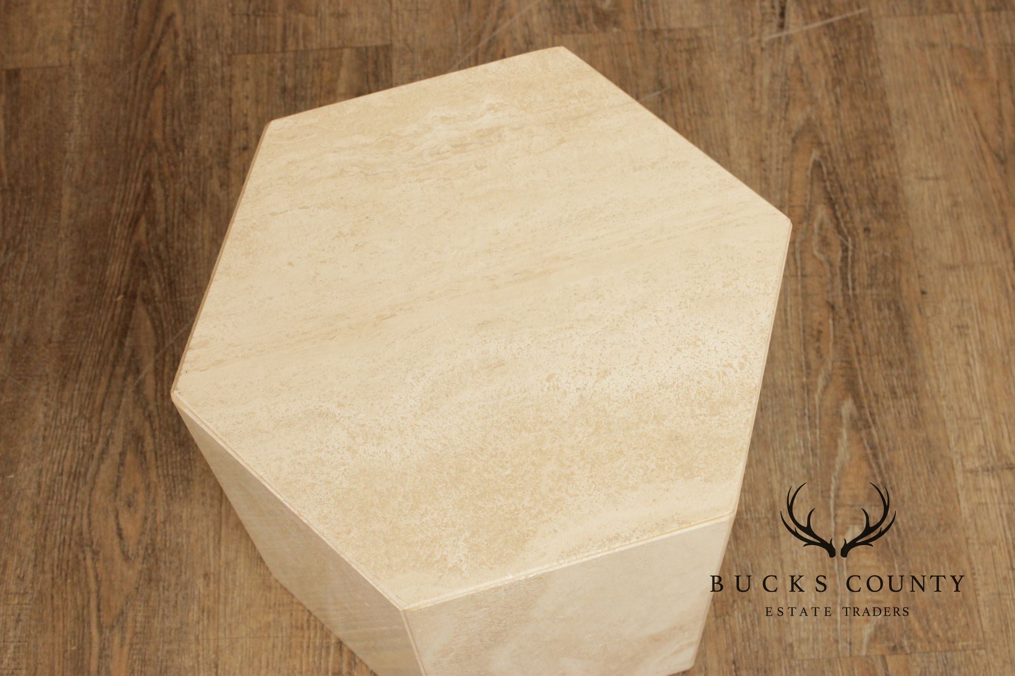 Postmodern Hexagonal Travertine Side Table Or Pedestal