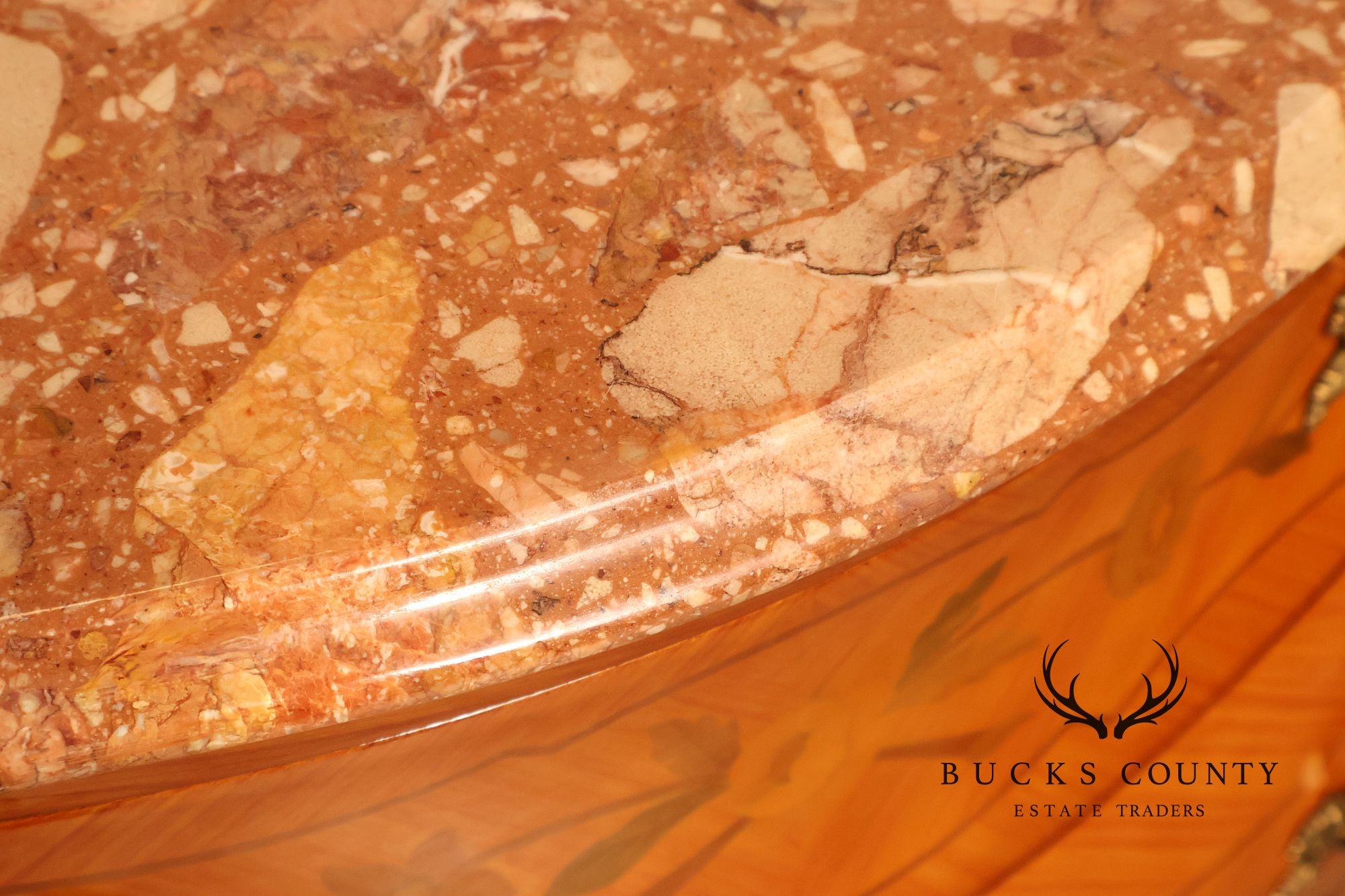 Italian Louis XV Style Marquetry Inlaid Marble Top Bombe Chest Commode