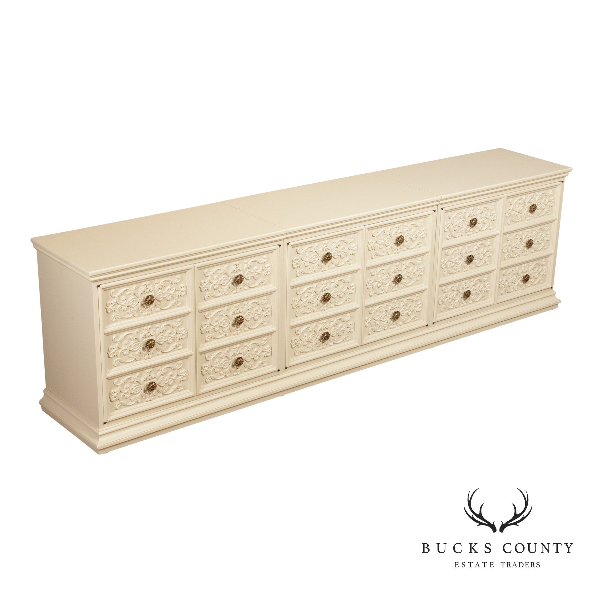 Hollywood Regency Style Painted Triple Credenza Cabinet With Carved Faux Drawer Fronts