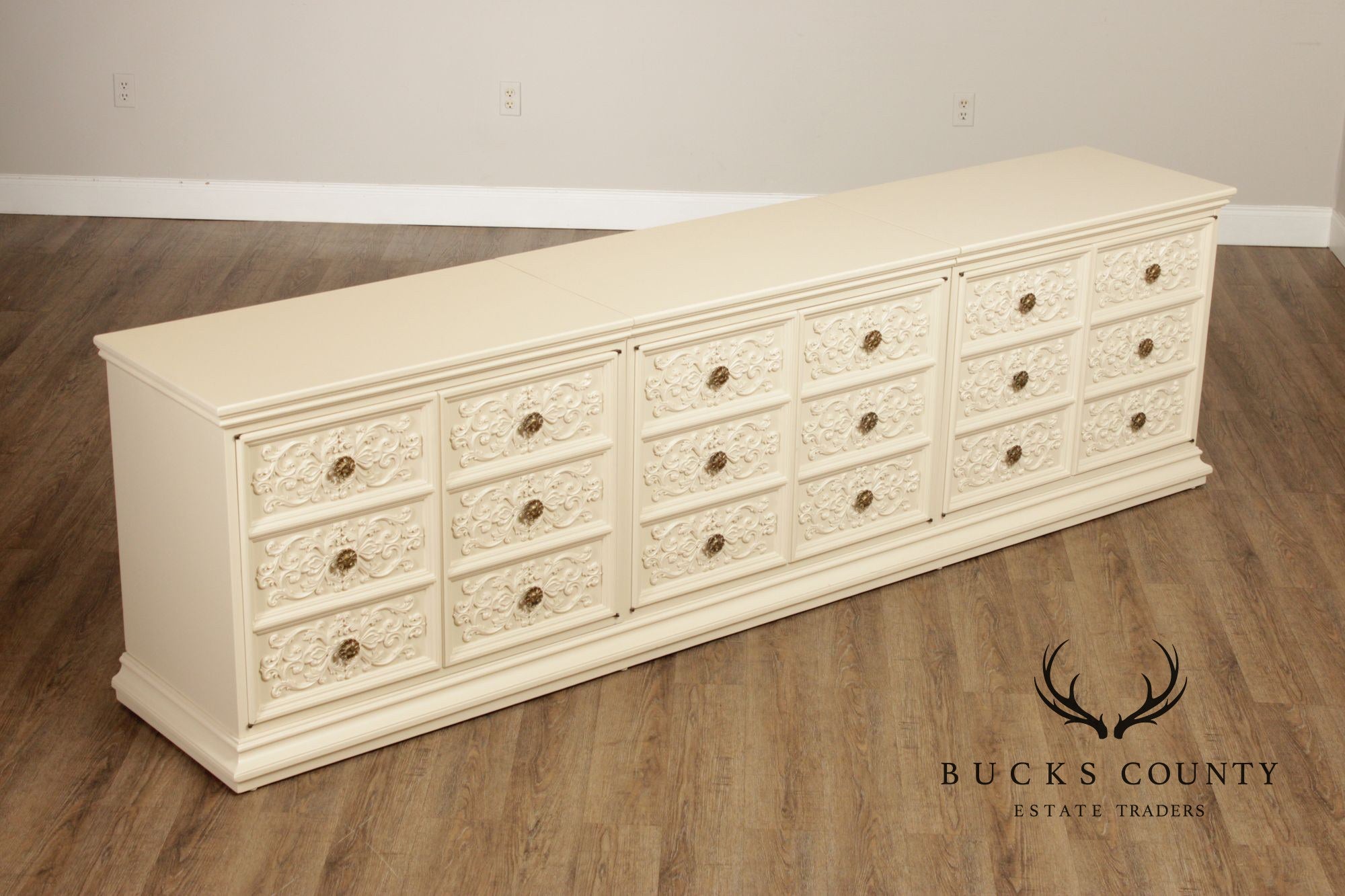 Hollywood Regency Style Painted Triple Credenza Cabinet With Carved Faux Drawer Fronts