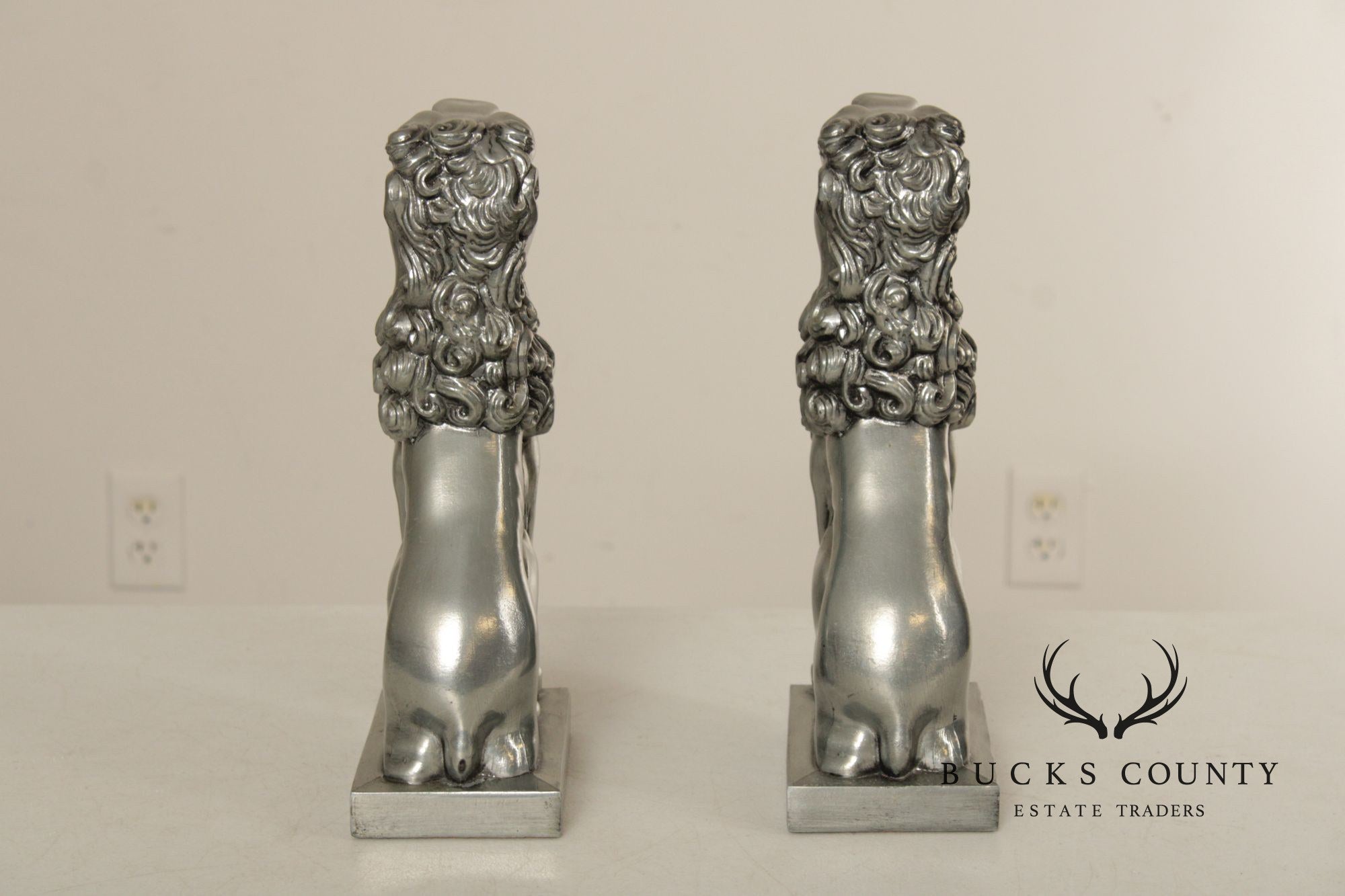 Vintage Pair Of Silvered Metal Lion Bookends