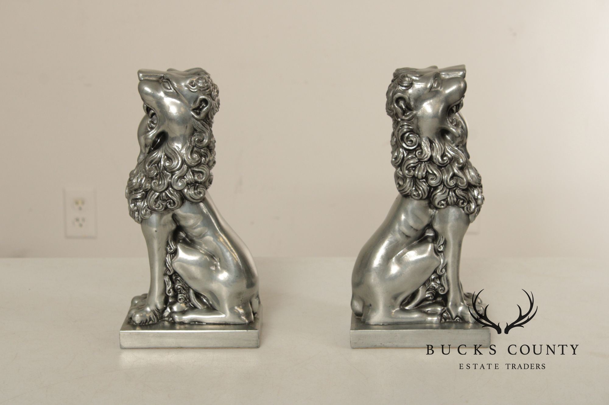 Vintage Pair Of Silvered Metal Lion Bookends