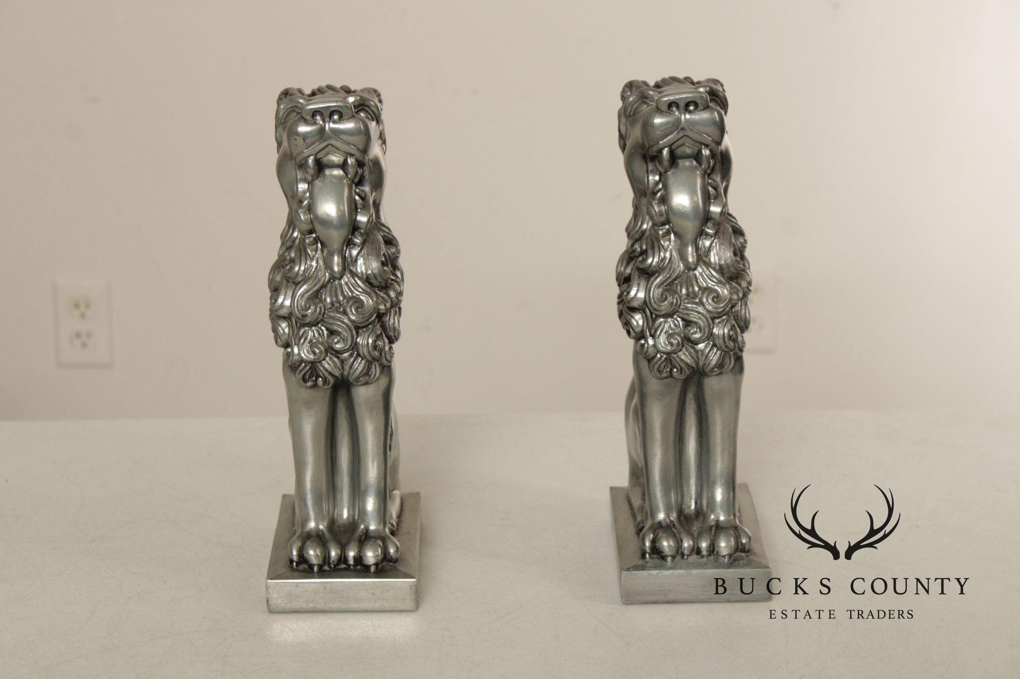 Vintage Pair Of Silvered Metal Lion Bookends