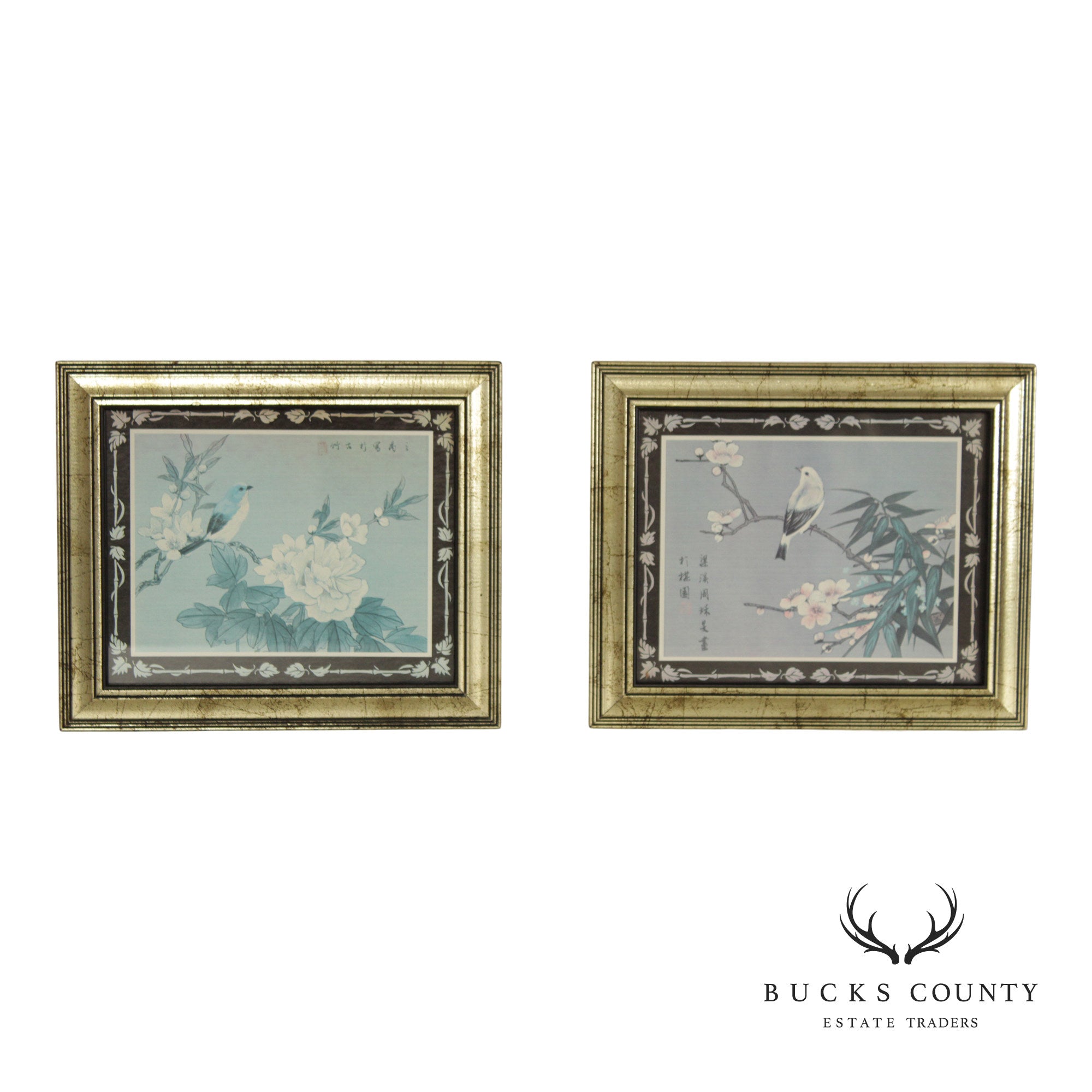 Vintage Asian Style Pair of Bird and Flower Prints