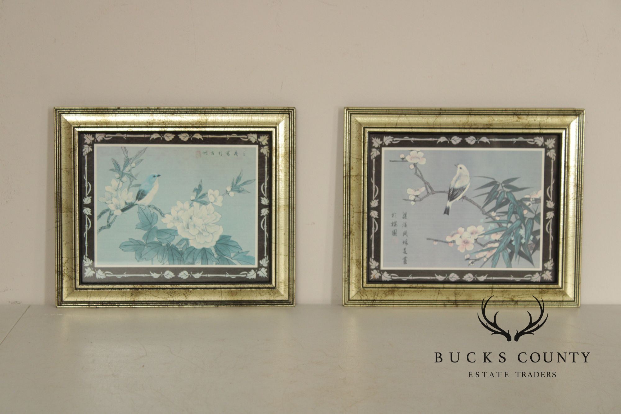 Vintage Asian Style Pair of Bird and Flower Prints