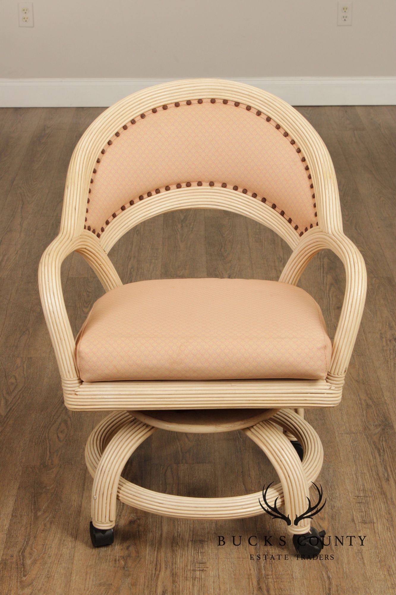 Set Of Four Mid-Century Rattan Swivel Rolling Dining Chairs With Upholstered Seats