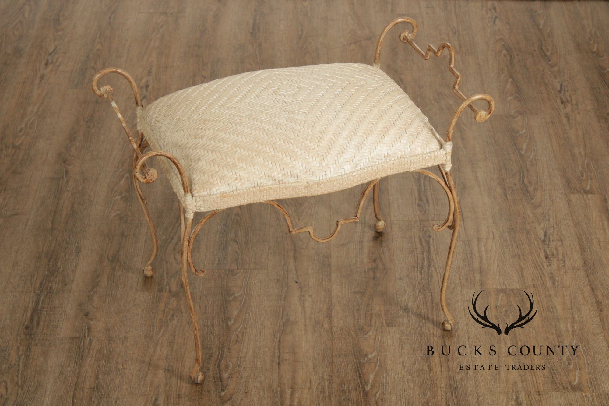 Vintage Wrought Iron and Woven Leather Vanity Bench