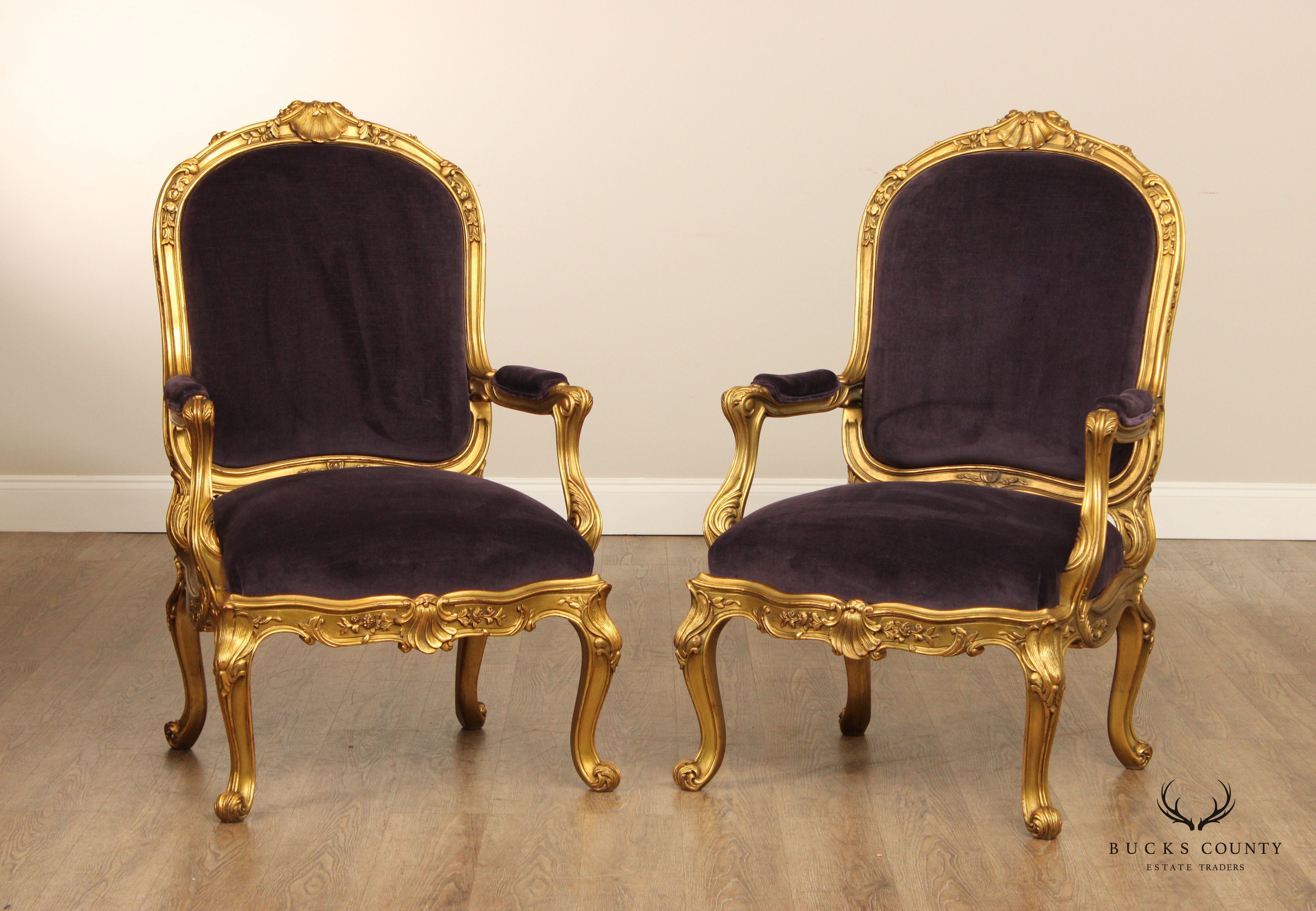 FRENCH ROCOCO LOUIS XV STYLE PAIR OF GILTWOOD FAUTEUIL ARMCHAIRS