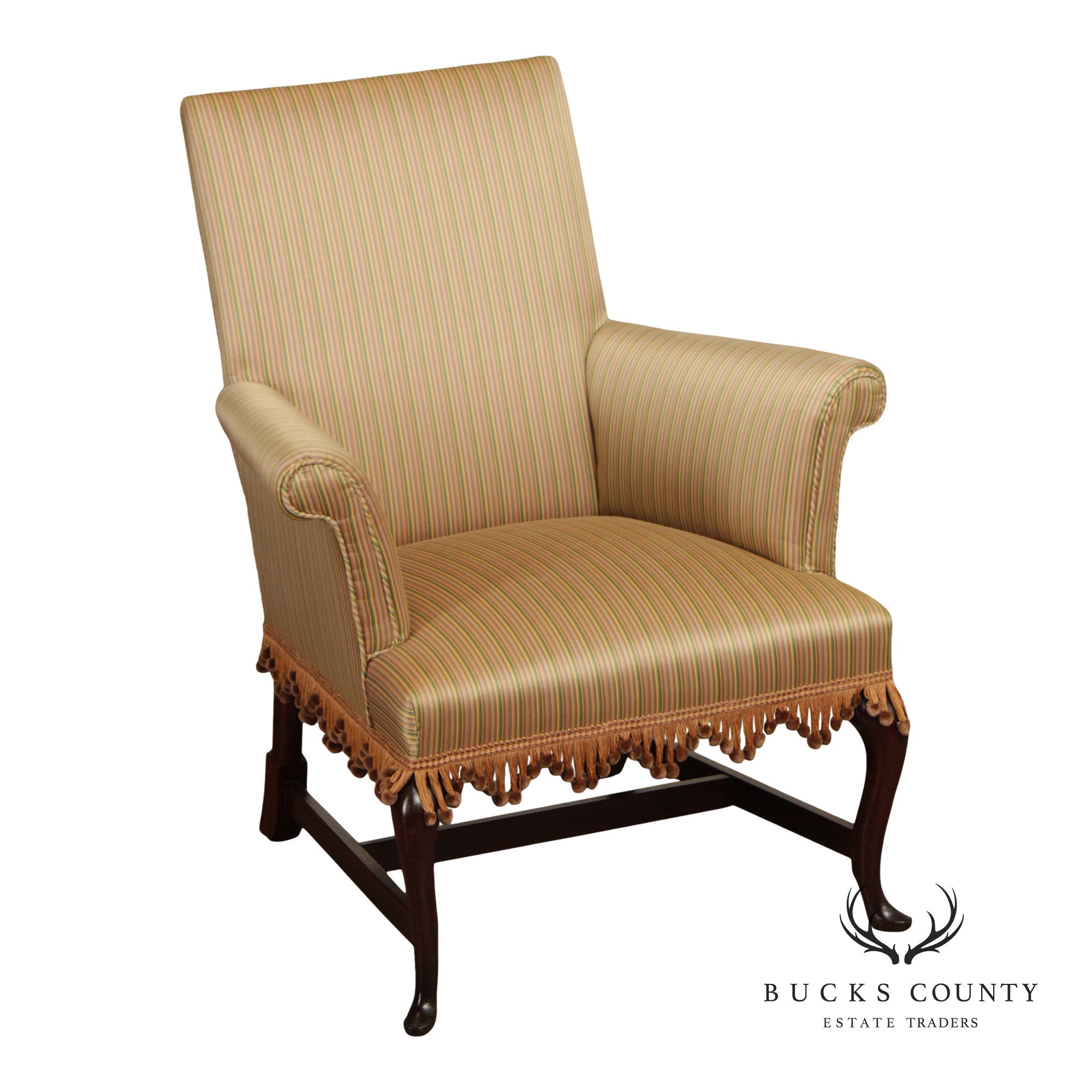 Queen Anne Style Upholstered Armchair With Striped Fabric And Fringe Skirt