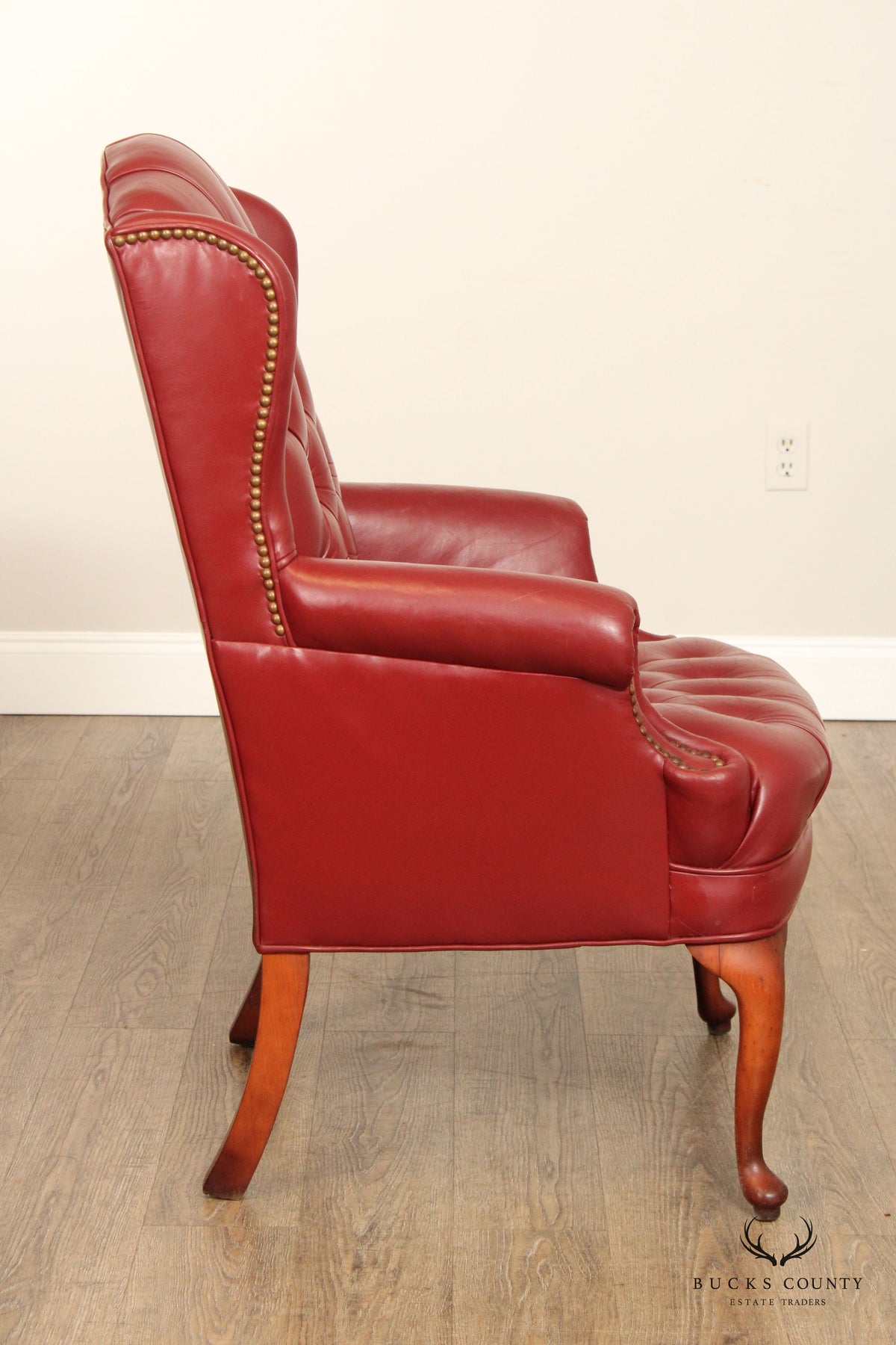 Queen Anne Style Tufted Leather Wing Chair